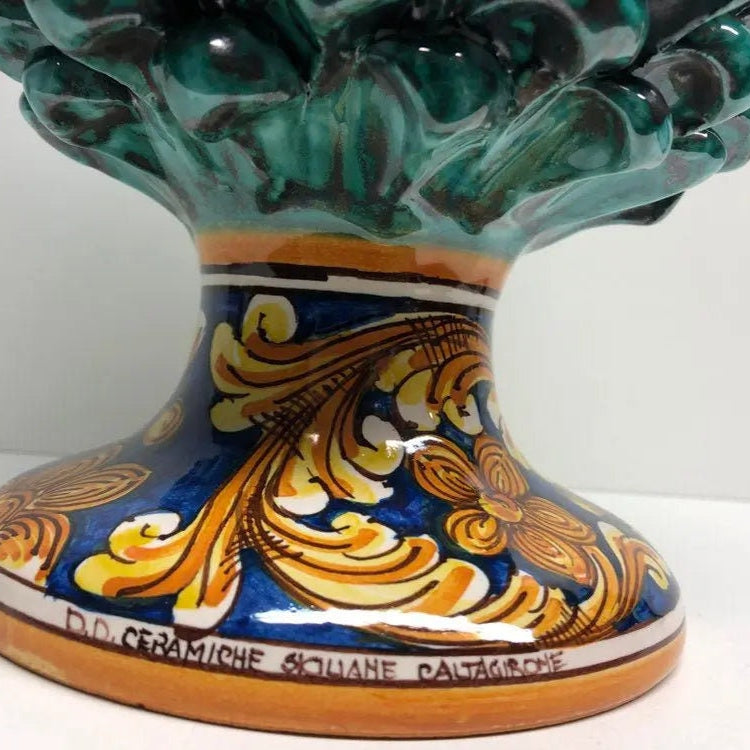 Pigna Ceramica Caltagirone cm H.30 Artigianale Verde Acqua Base Decorata DD CERAMICHE SICILIANE