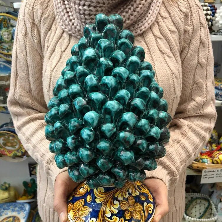 Pigna Ceramica Caltagirone cm H.30 Artigianale Verde Acqua Base Decorata DD CERAMICHE SICILIANE