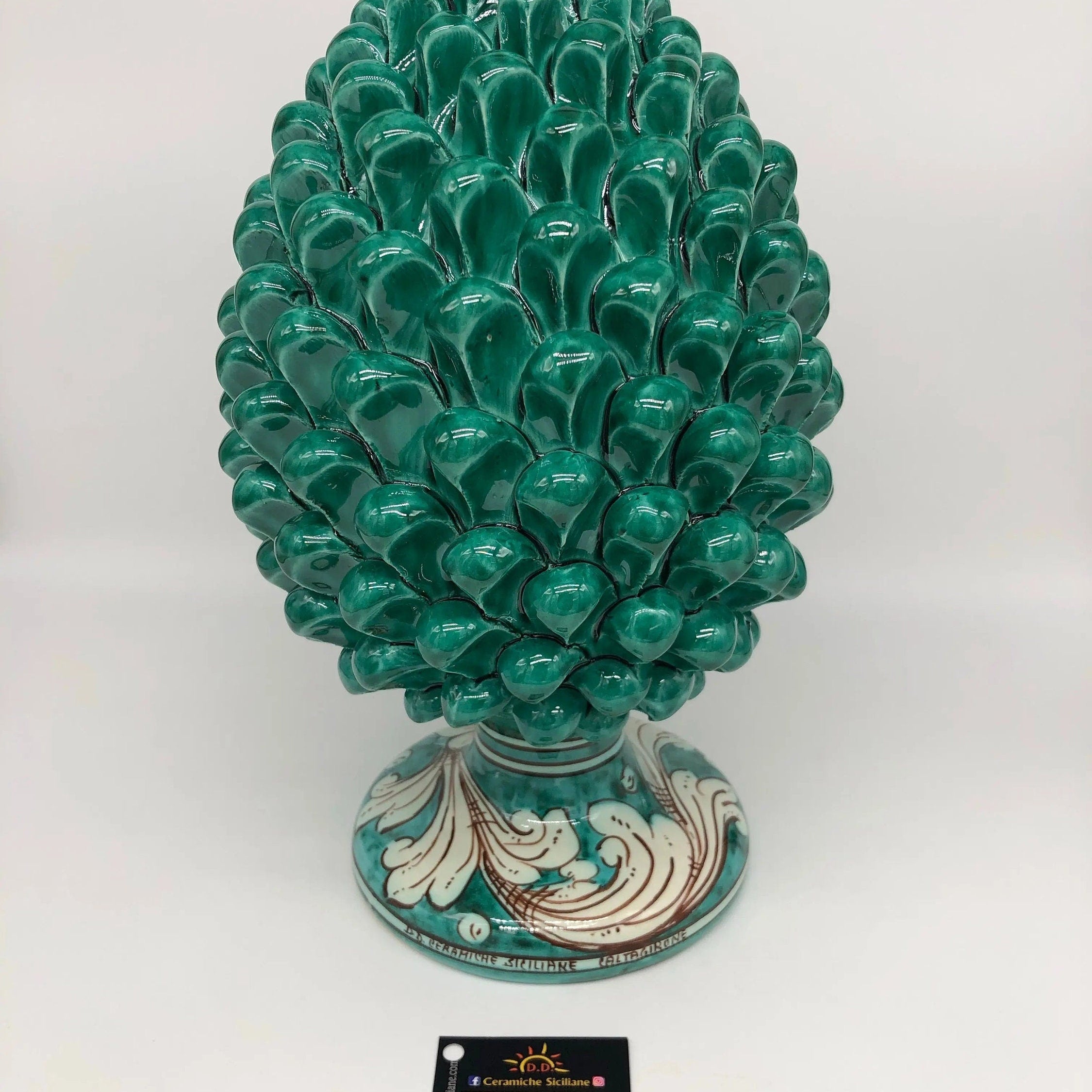 Pigna Ceramica Caltagirone cm H.30 Artigianale Verde Cristallo Base Decorata DD CERAMICHE SICILIANE