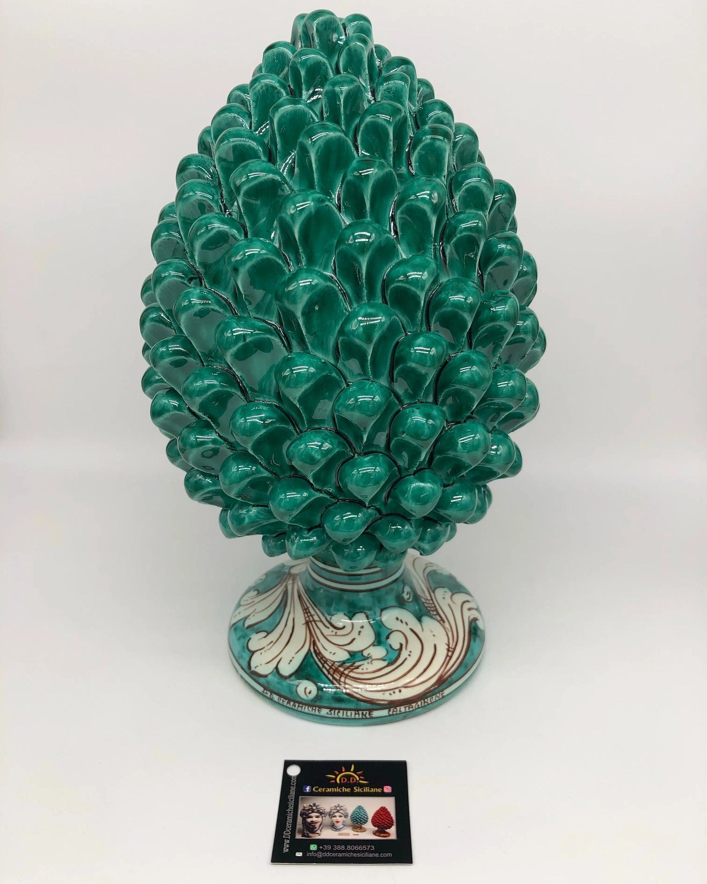 Pigna Ceramica Caltagirone cm H.30 Artigianale Verde Cristallo Base Decorata DD CERAMICHE SICILIANE