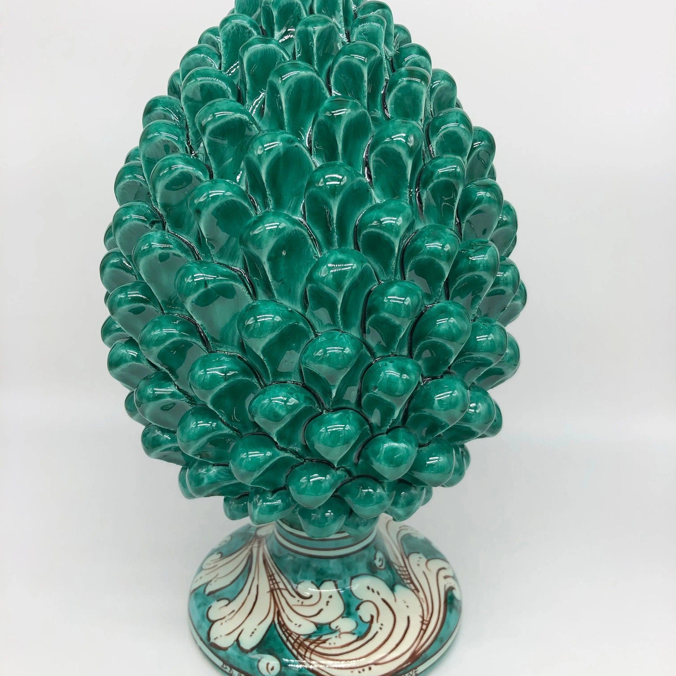 Pigna Ceramica Caltagirone cm H.30 Artigianale Verde Cristallo Base Decorata DD CERAMICHE SICILIANE