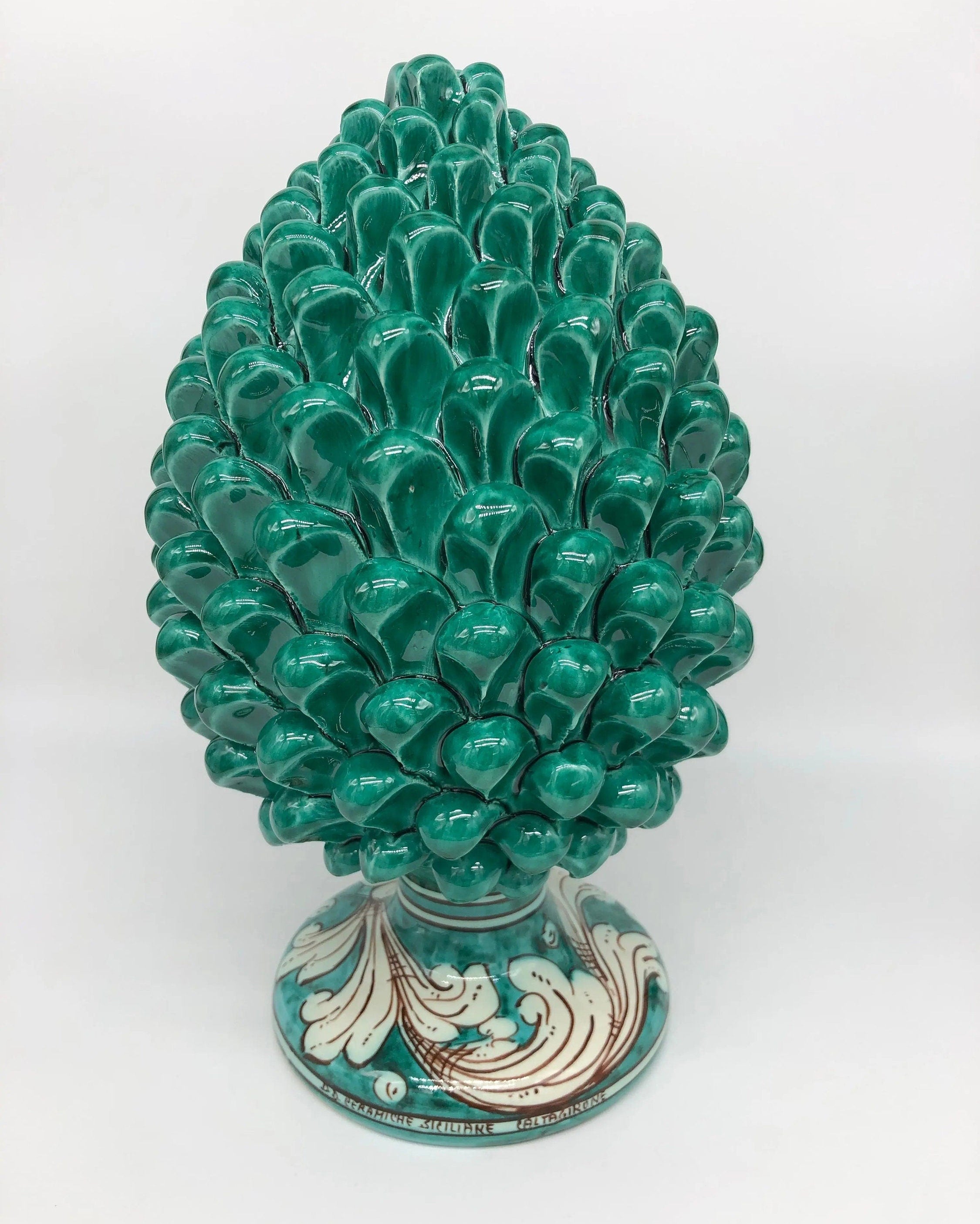 Pigna Ceramica Caltagirone cm H.30 Artigianale Verde Cristallo Base Decorata DD CERAMICHE SICILIANE
