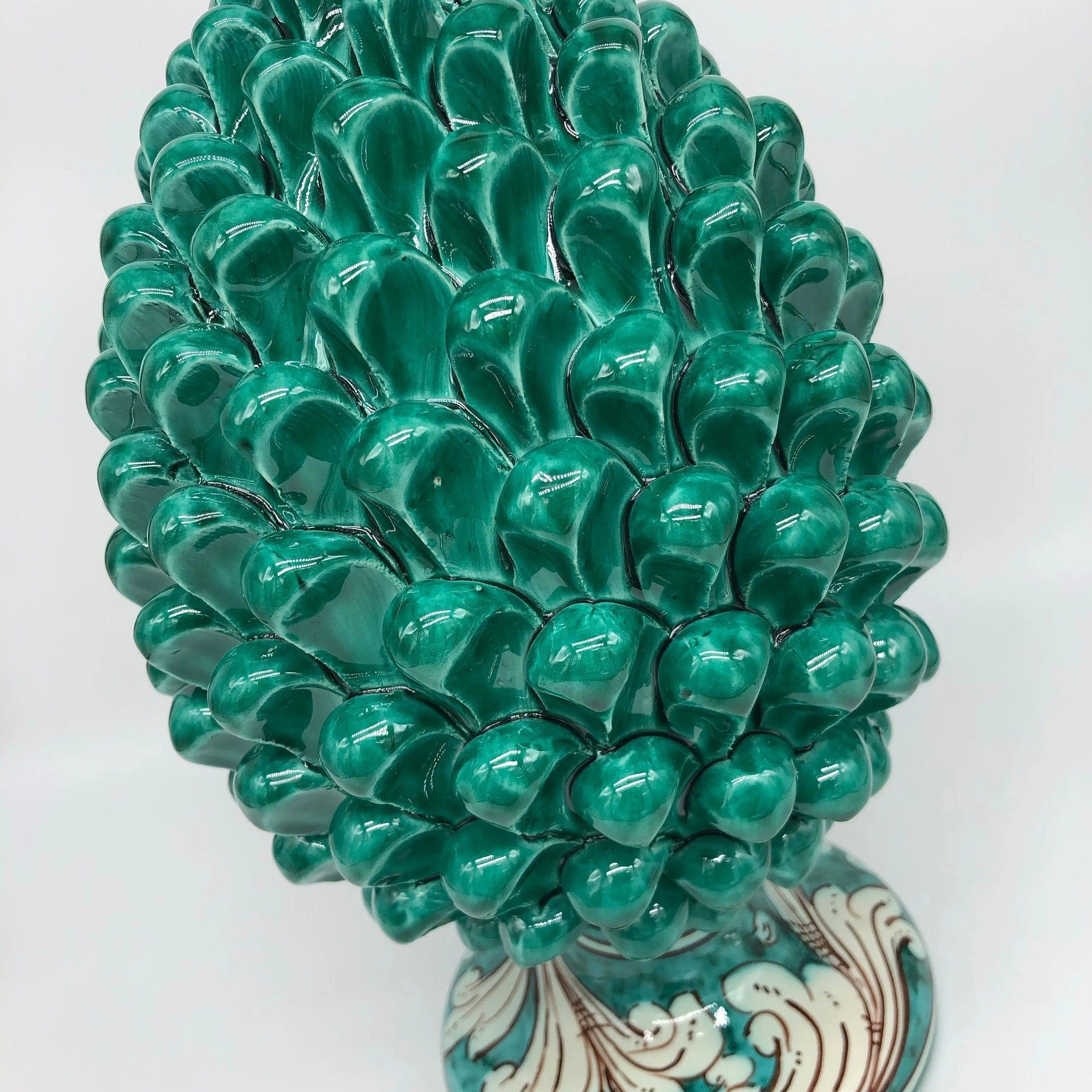 Pigna Ceramica Caltagirone cm H.30 Artigianale Verde Cristallo Base Decorata DD CERAMICHE SICILIANE