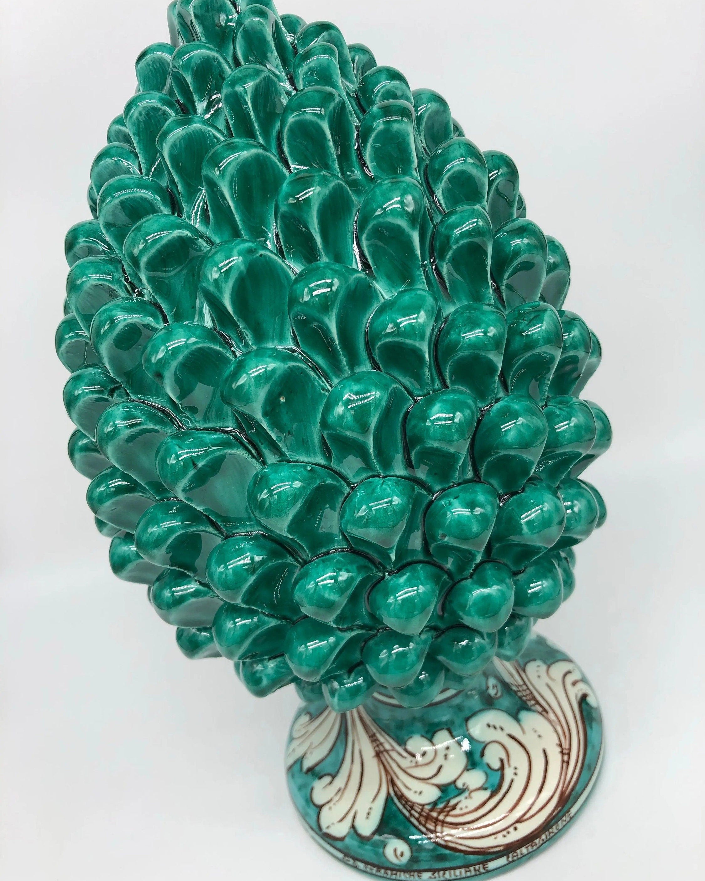 Pigna Ceramica Caltagirone cm H.30 Artigianale Verde Cristallo Base Decorata DD CERAMICHE SICILIANE