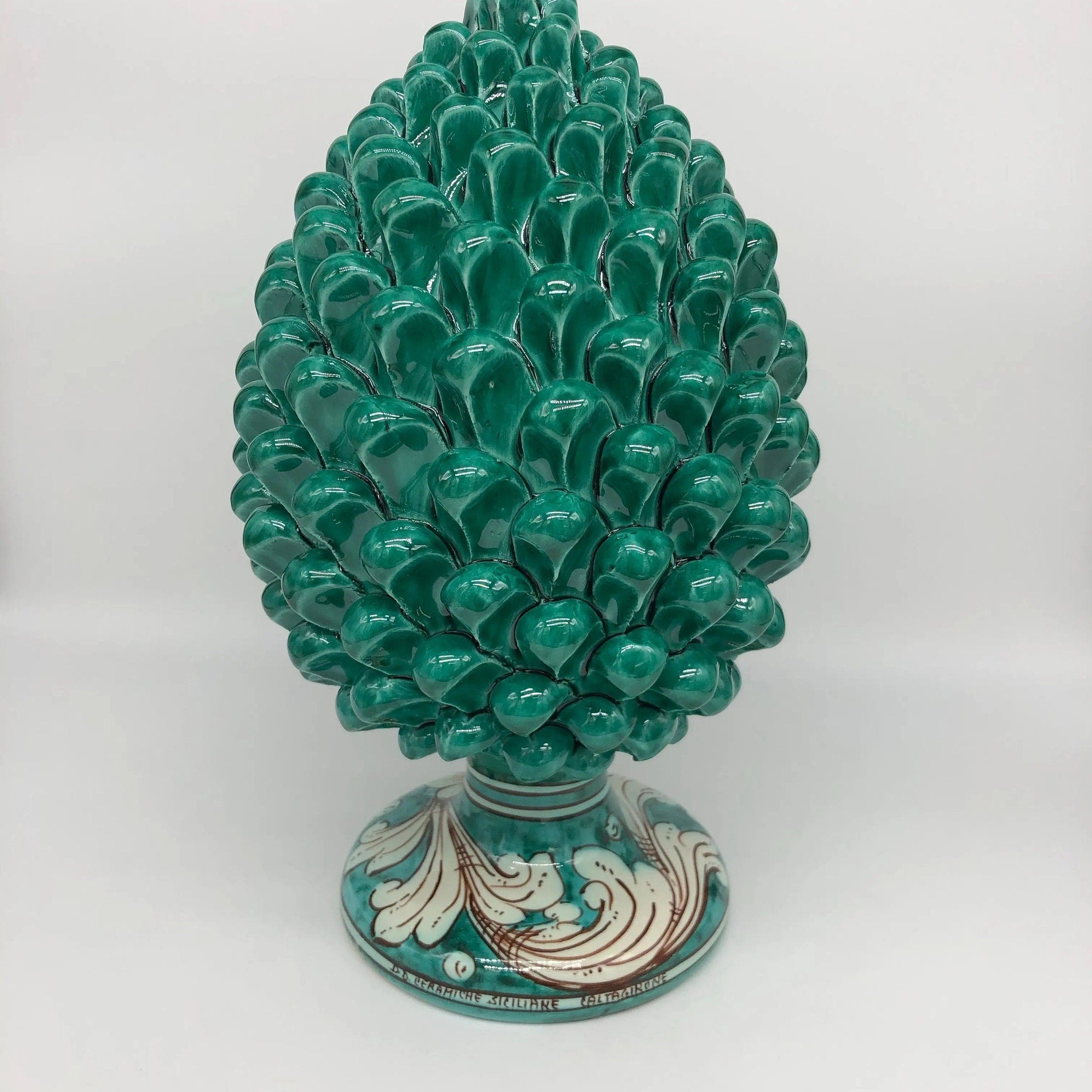 Pigna Ceramica Caltagirone cm H.30 Artigianale Verde Cristallo Base Decorata DD CERAMICHE SICILIANE