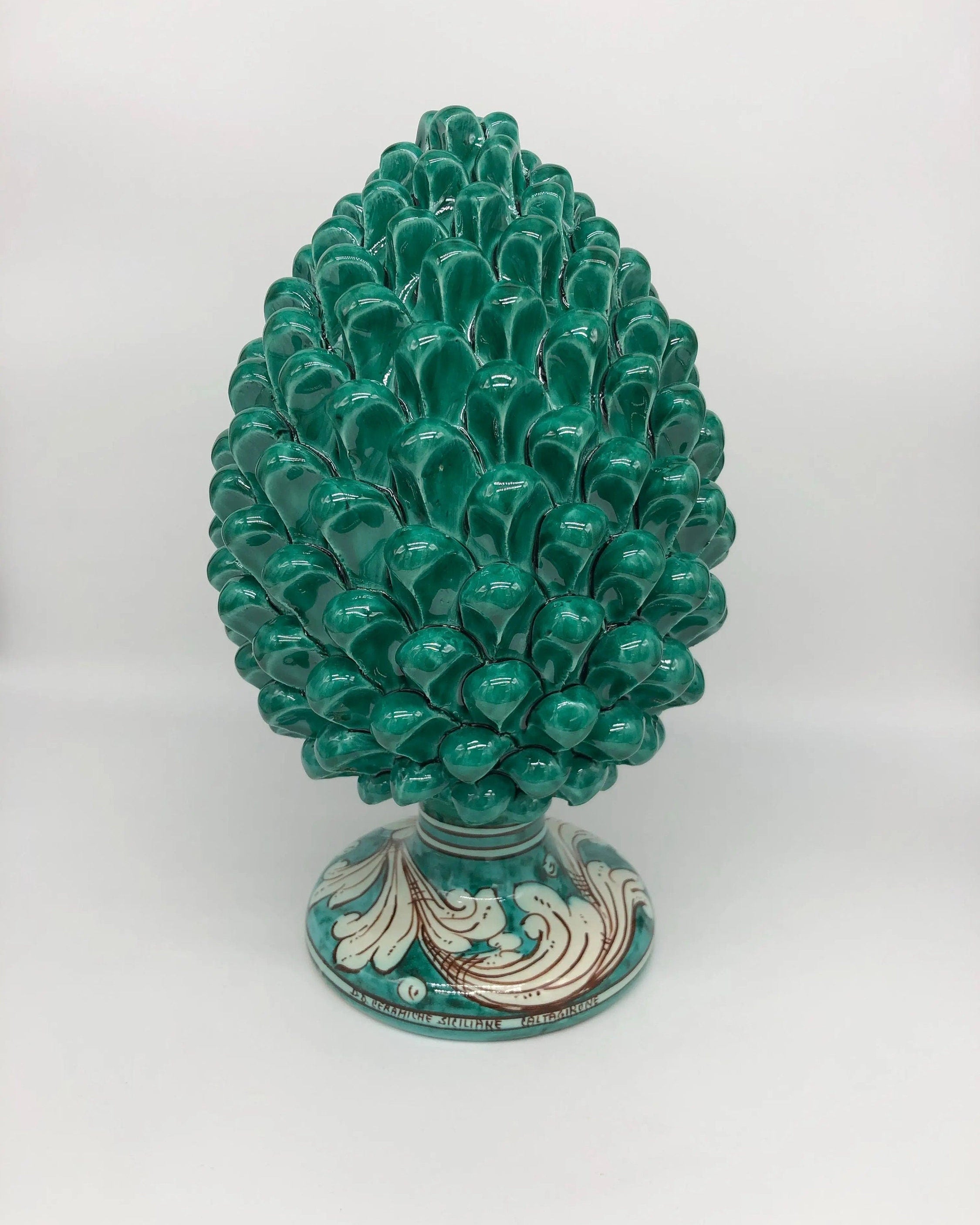 Pigna Ceramica Caltagirone cm H.30 Artigianale Verde Cristallo Base Decorata DD CERAMICHE SICILIANE