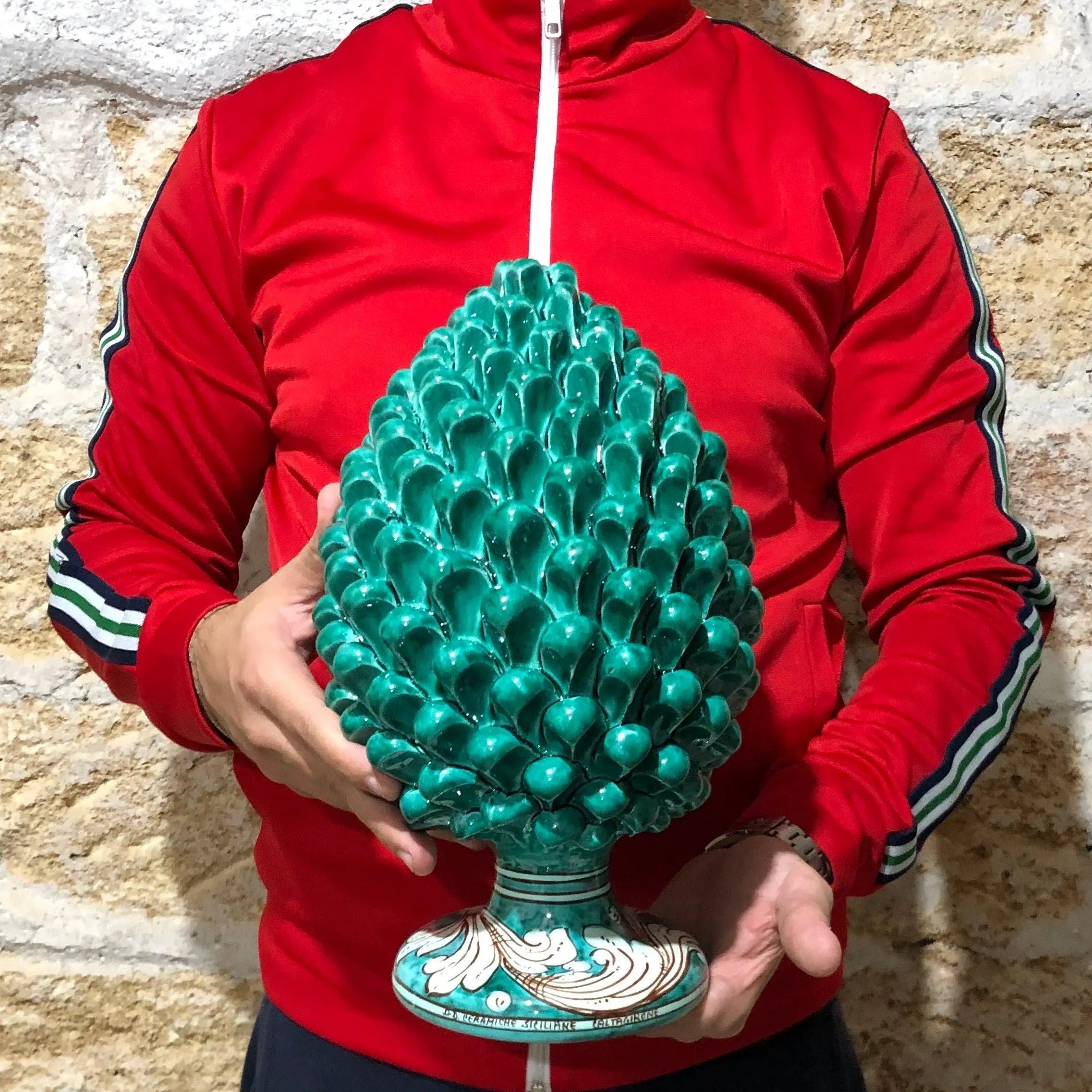 Pigna Ceramica Caltagirone cm H.30 Artigianale Verde Cristallo Base Decorata DD CERAMICHE SICILIANE