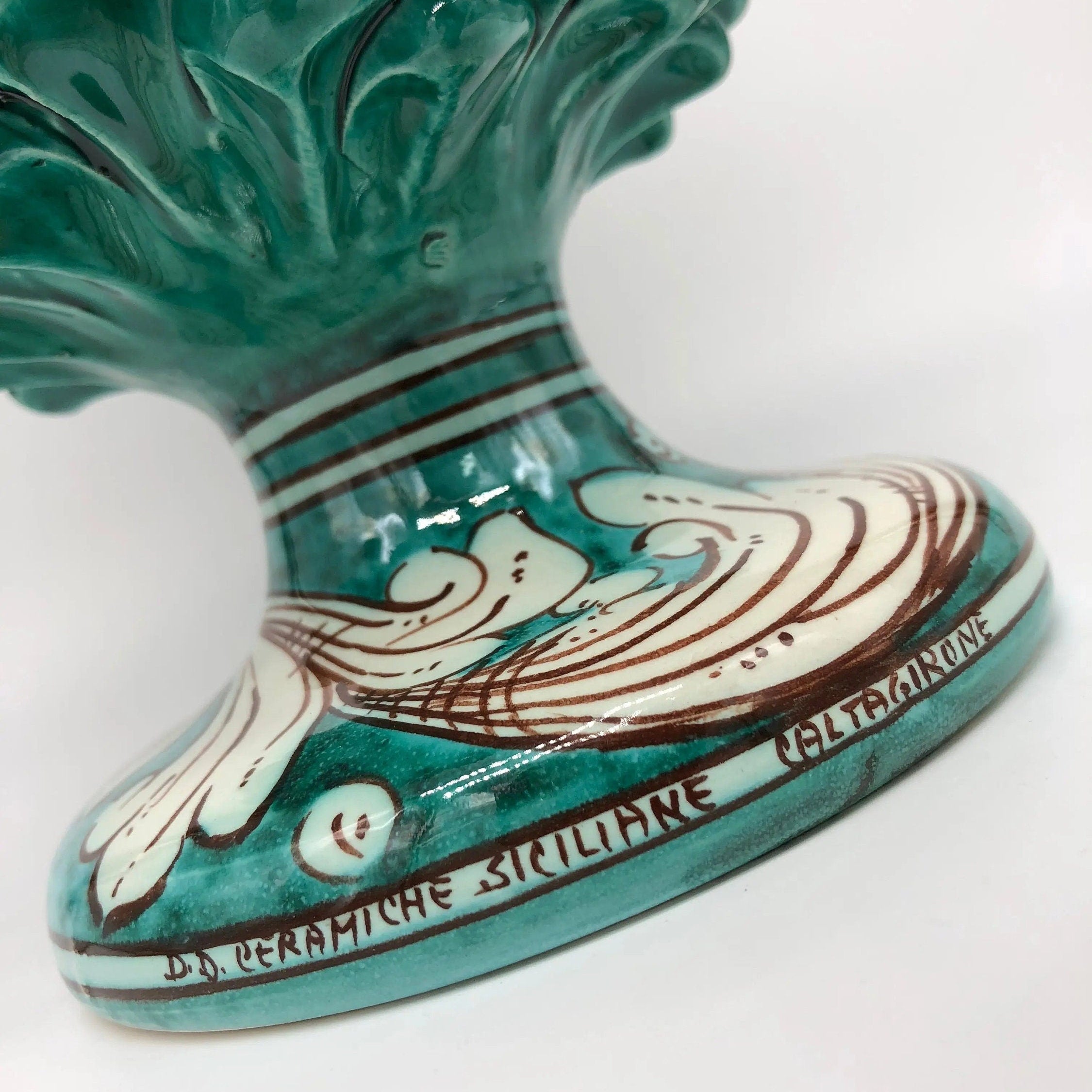 Pigna Ceramica Caltagirone cm H.30 Artigianale Verde Cristallo Base Decorata DD CERAMICHE SICILIANE