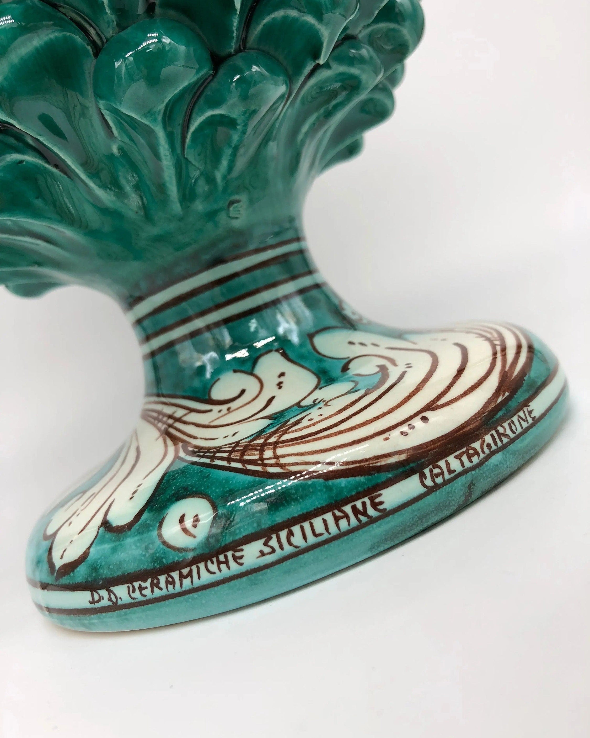Pigna Ceramica Caltagirone cm H.30 Artigianale Verde Cristallo Base Decorata DD CERAMICHE SICILIANE