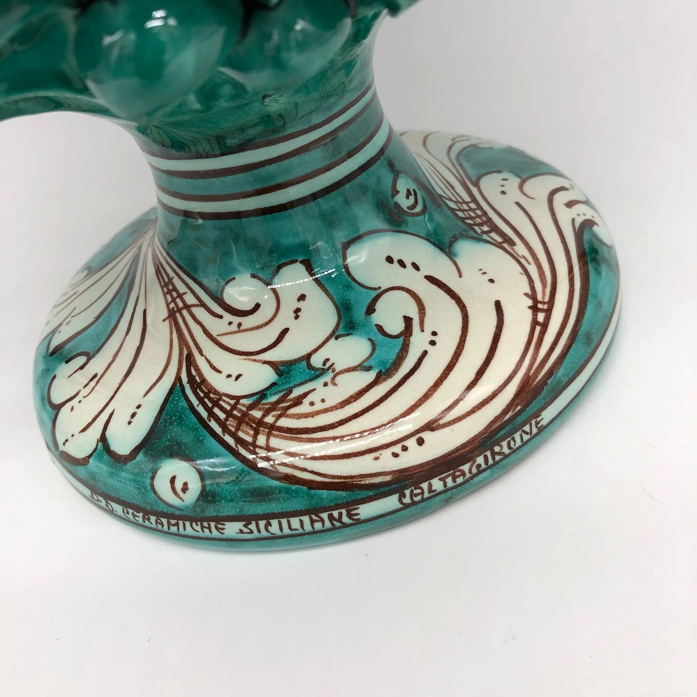 Pigna Ceramica Caltagirone cm H.30 Artigianale Verde Cristallo Base Decorata DD CERAMICHE SICILIANE