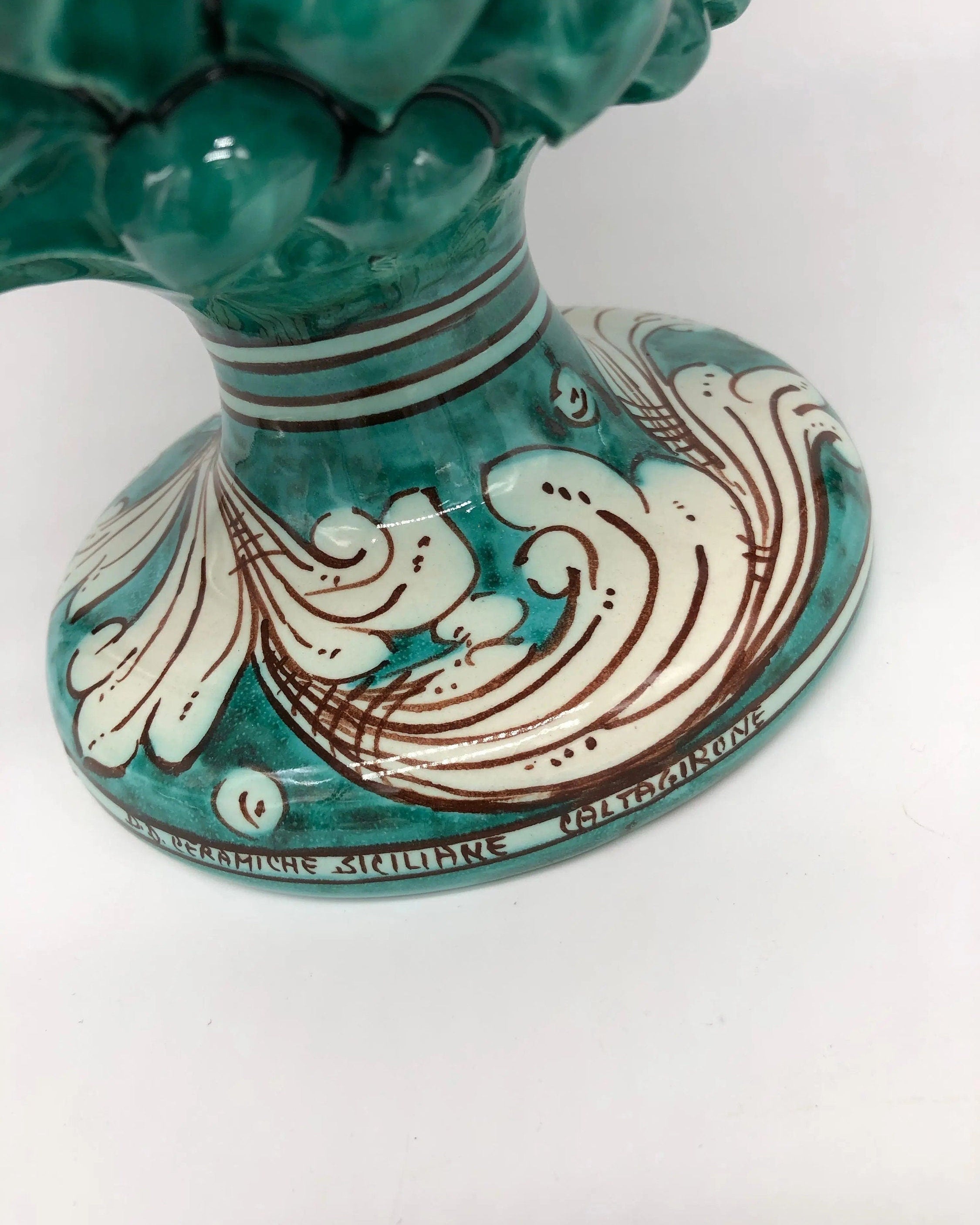 Pigna Ceramica Caltagirone cm H.30 Artigianale Verde Cristallo Base Decorata DD CERAMICHE SICILIANE