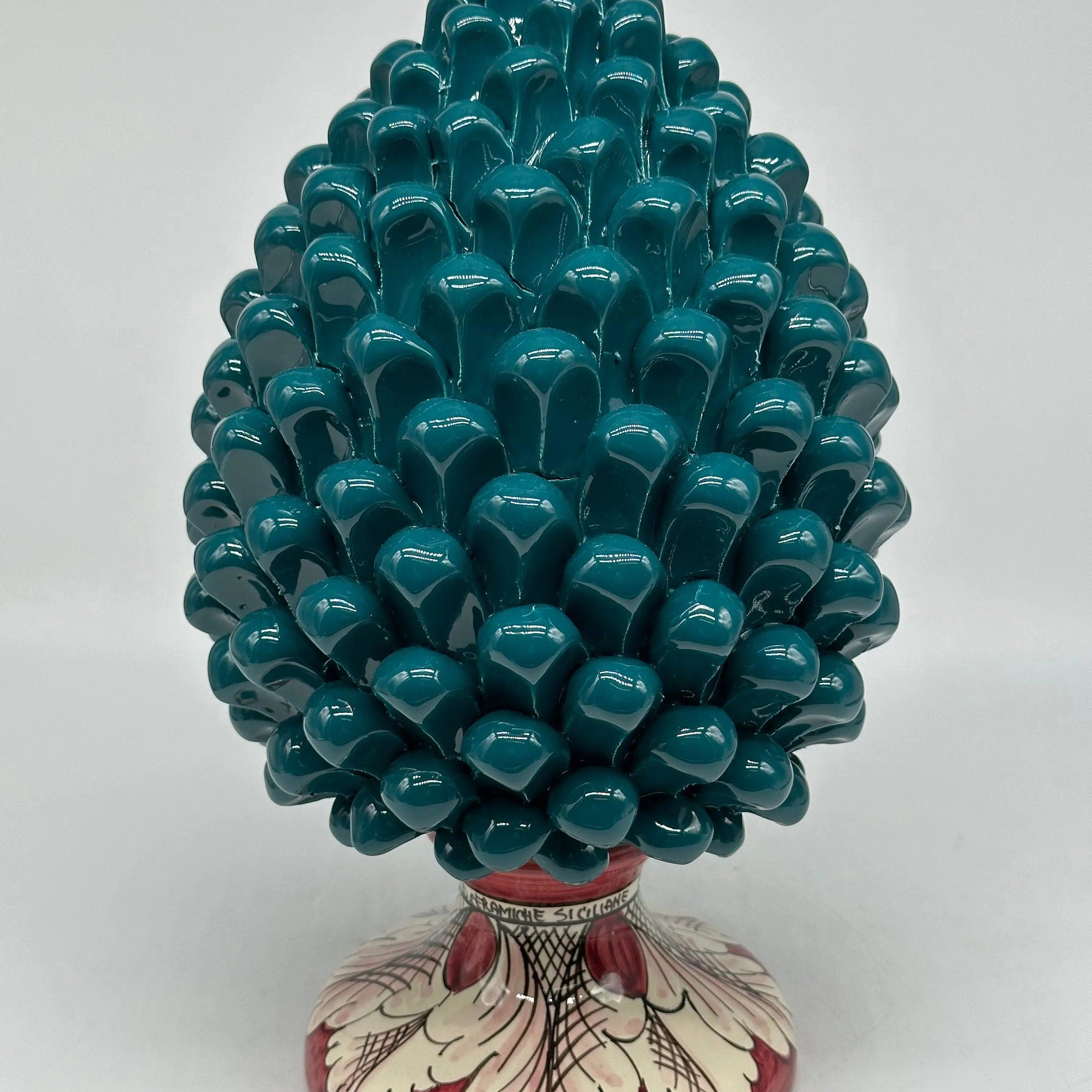 Pigna Ceramica Caltagirone cm H.30 Artigianale Verde Ottanio Base Decorata DD CERAMICHE SICILIANE