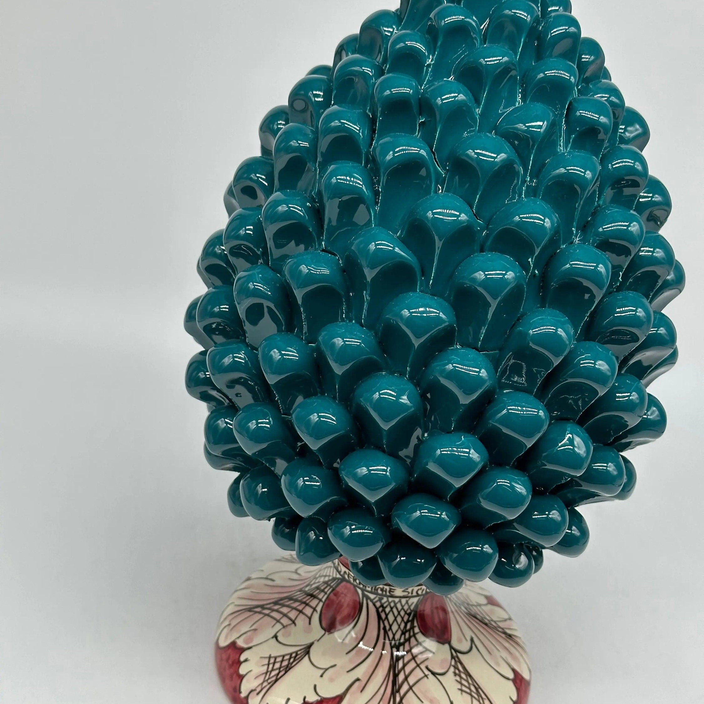 Pigna Ceramica Caltagirone cm H.30 Artigianale Verde Ottanio Base Decorata DD CERAMICHE SICILIANE