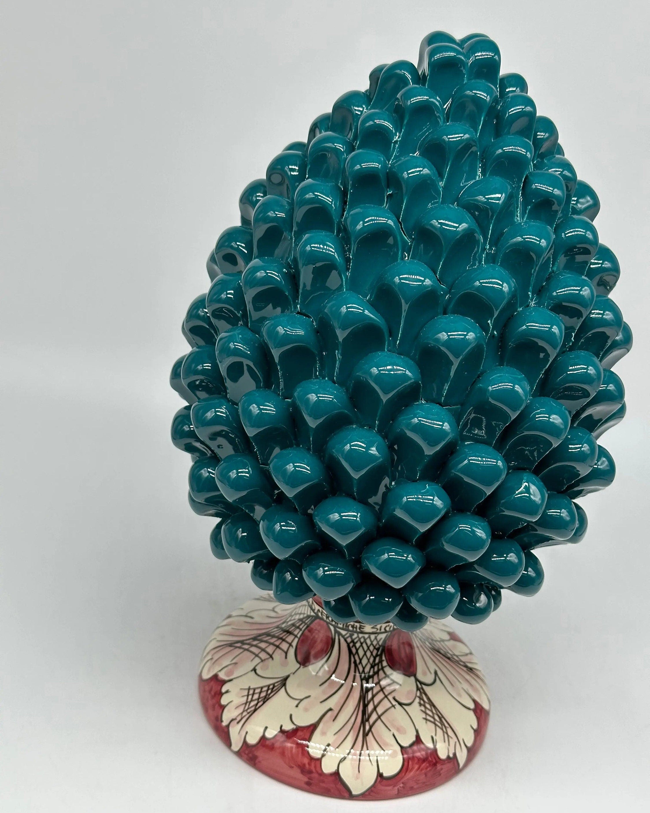 Pigna Ceramica Caltagirone cm H.30 Artigianale Verde Ottanio Base Decorata DD CERAMICHE SICILIANE