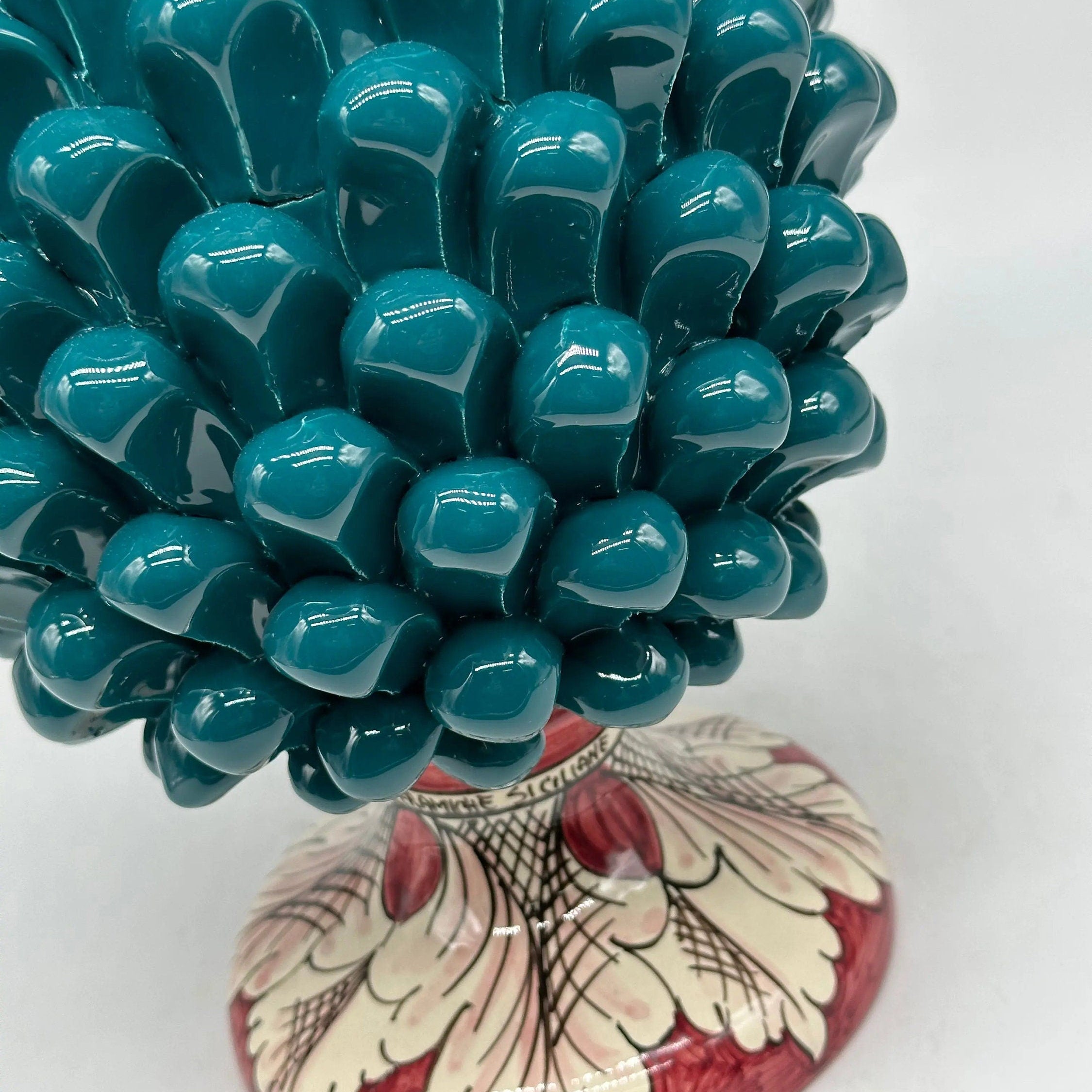 Pigna Ceramica Caltagirone cm H.30 Artigianale Verde Ottanio Base Decorata DD CERAMICHE SICILIANE