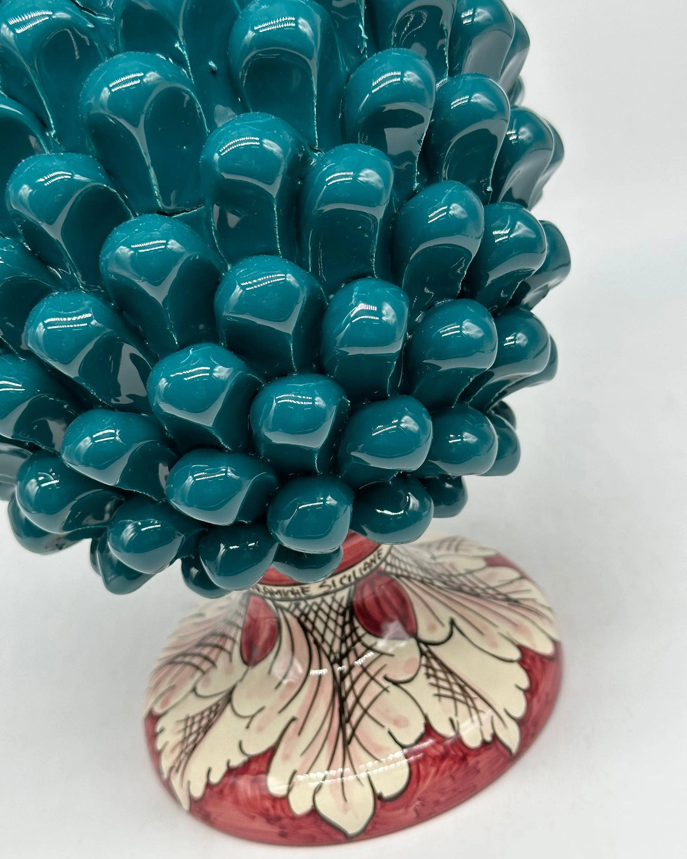 Pigna Ceramica Caltagirone cm H.30 Artigianale Verde Ottanio Base Decorata DD CERAMICHE SICILIANE