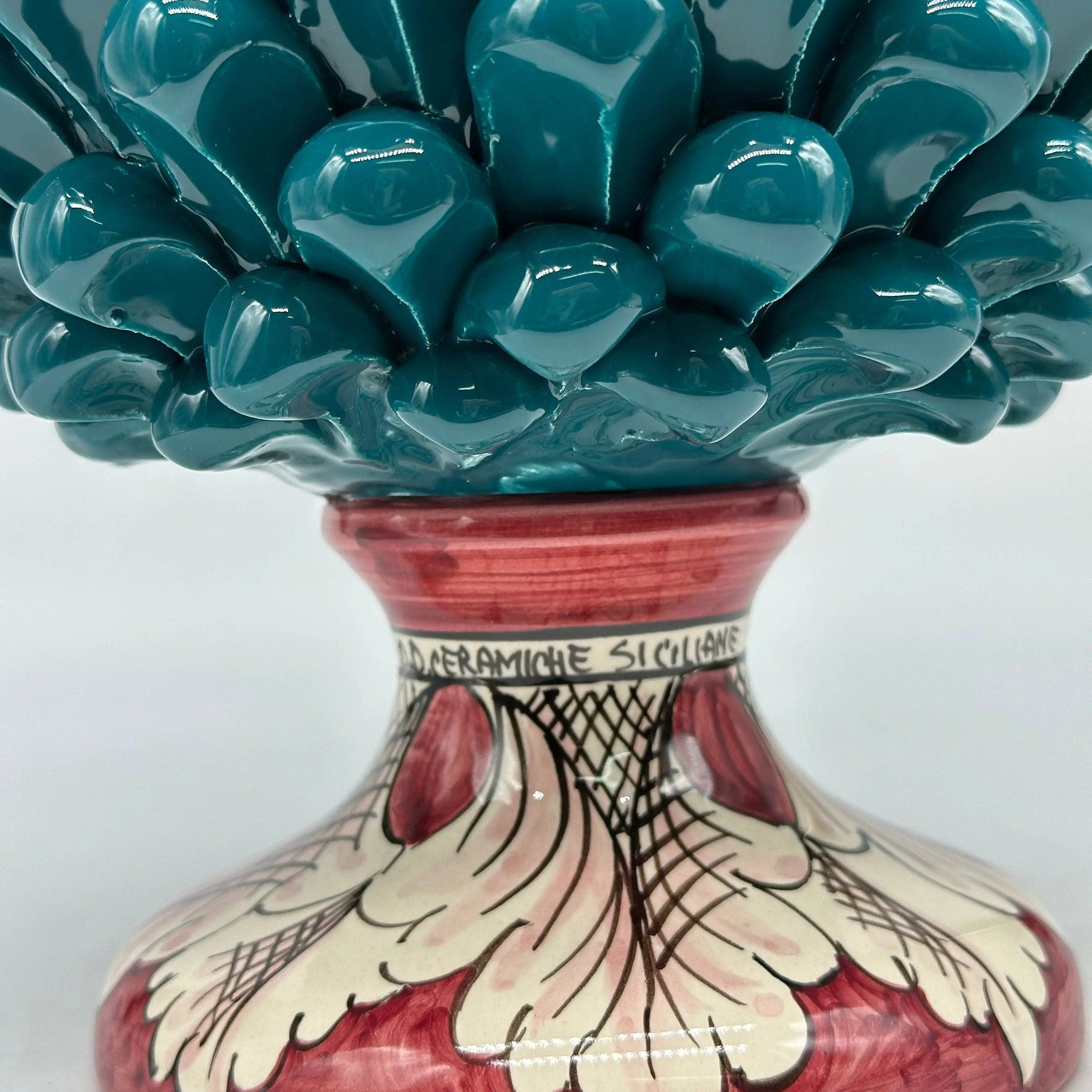 Pigna Ceramica Caltagirone cm H.30 Artigianale Verde Ottanio Base Decorata DD CERAMICHE SICILIANE