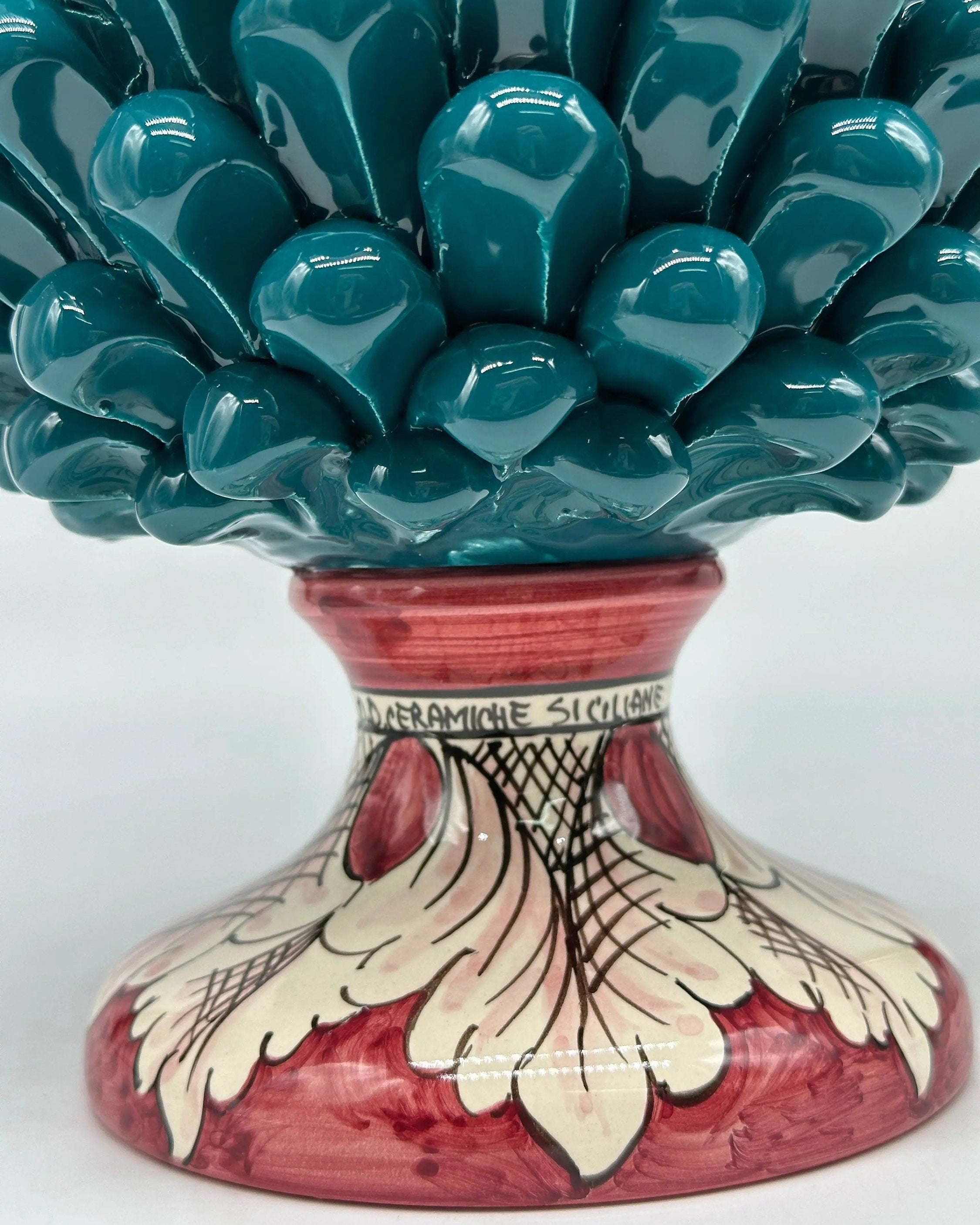Pigna Ceramica Caltagirone cm H.30 Artigianale Verde Ottanio Base Decorata DD CERAMICHE SICILIANE