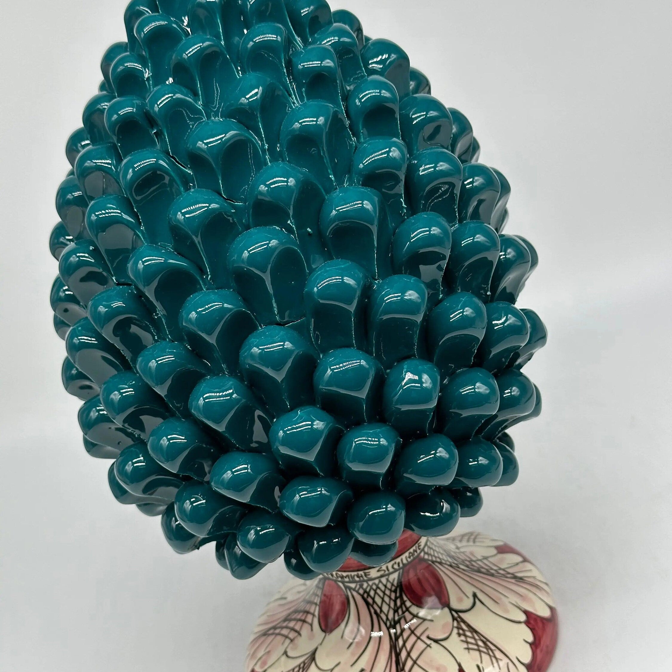 Pigna Ceramica Caltagirone cm H.30 Artigianale Verde Ottanio Base Decorata DD CERAMICHE SICILIANE