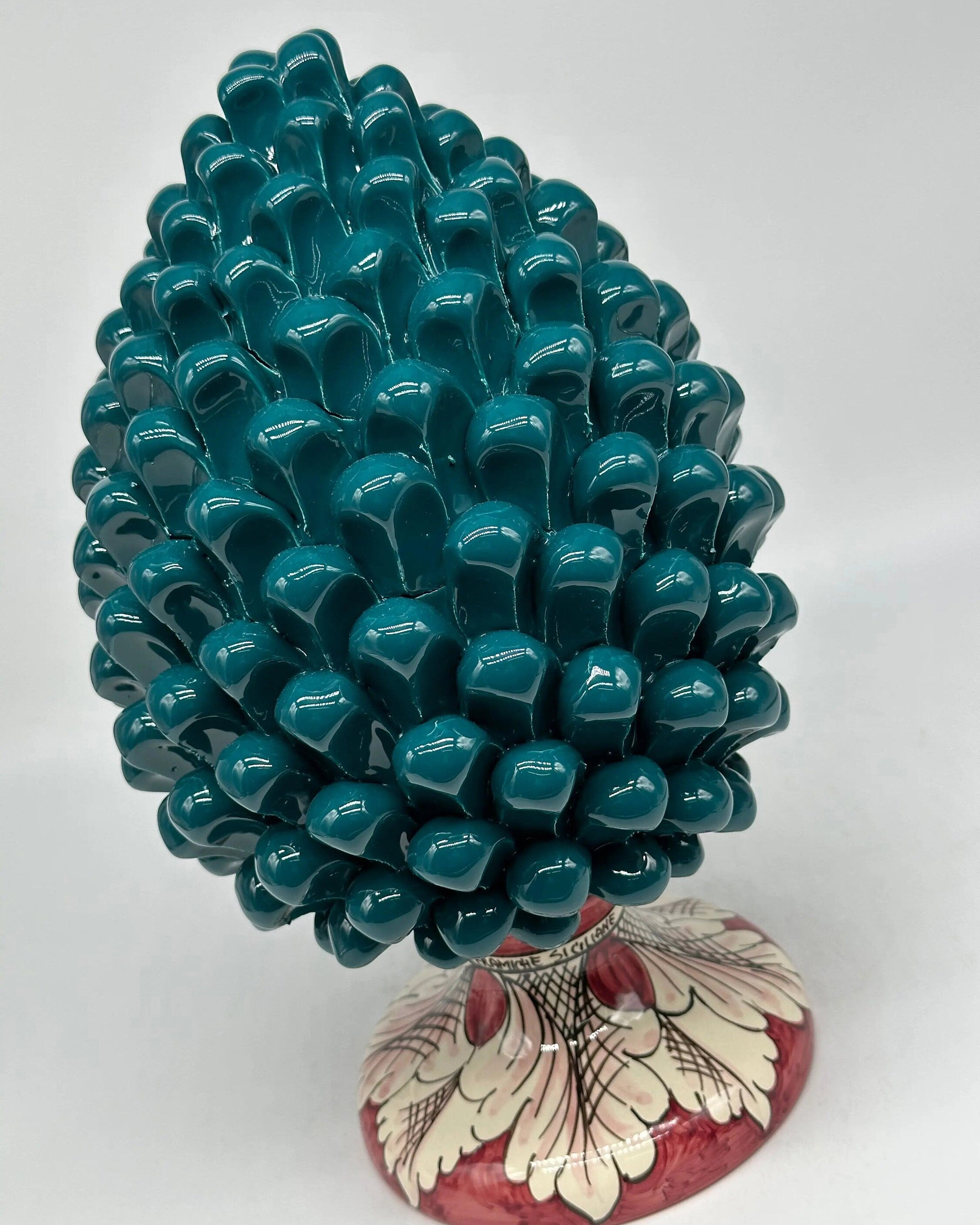 Pigna Ceramica Caltagirone cm H.30 Artigianale Verde Ottanio Base Decorata DD CERAMICHE SICILIANE