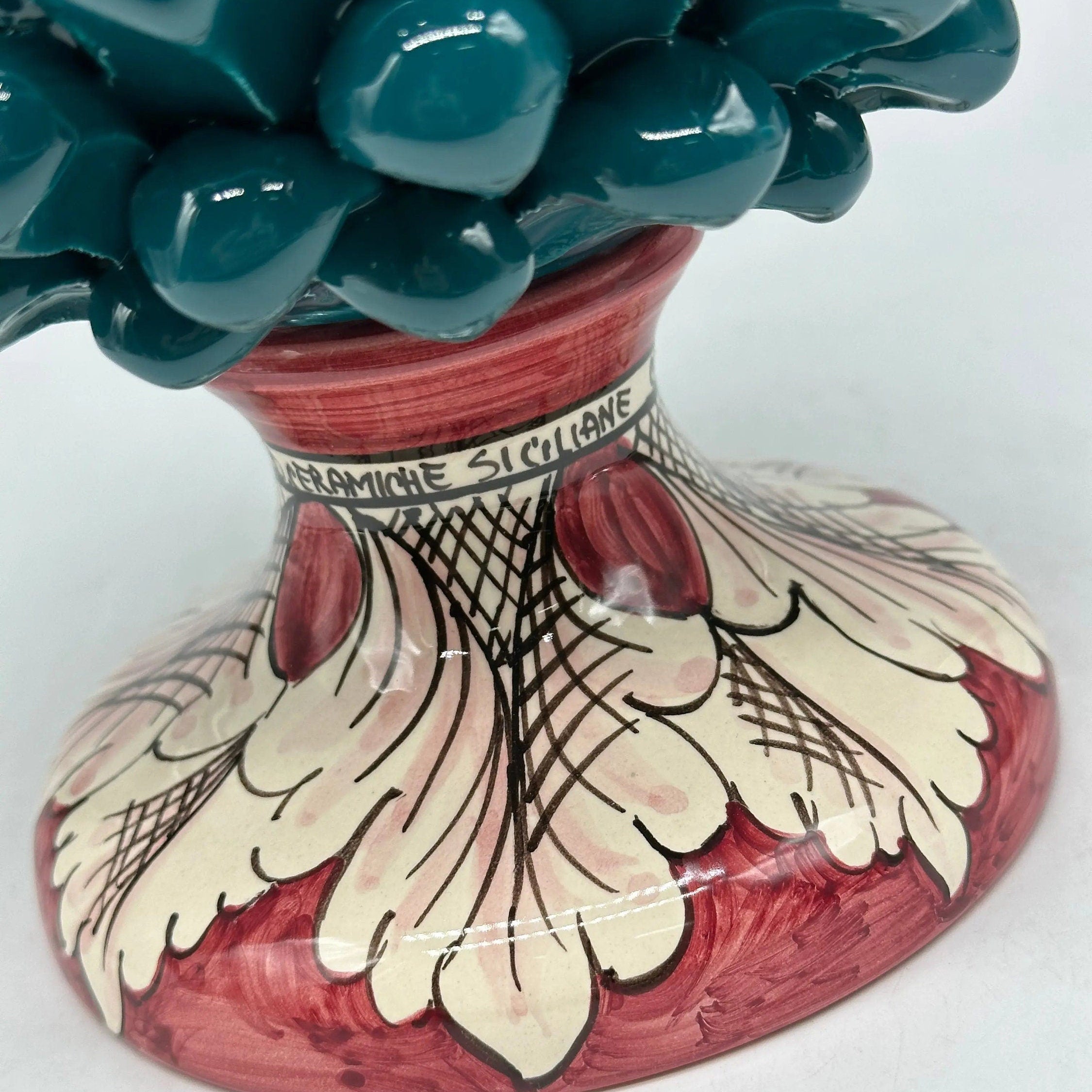 Pigna Ceramica Caltagirone cm H.30 Artigianale Verde Ottanio Base Decorata DD CERAMICHE SICILIANE