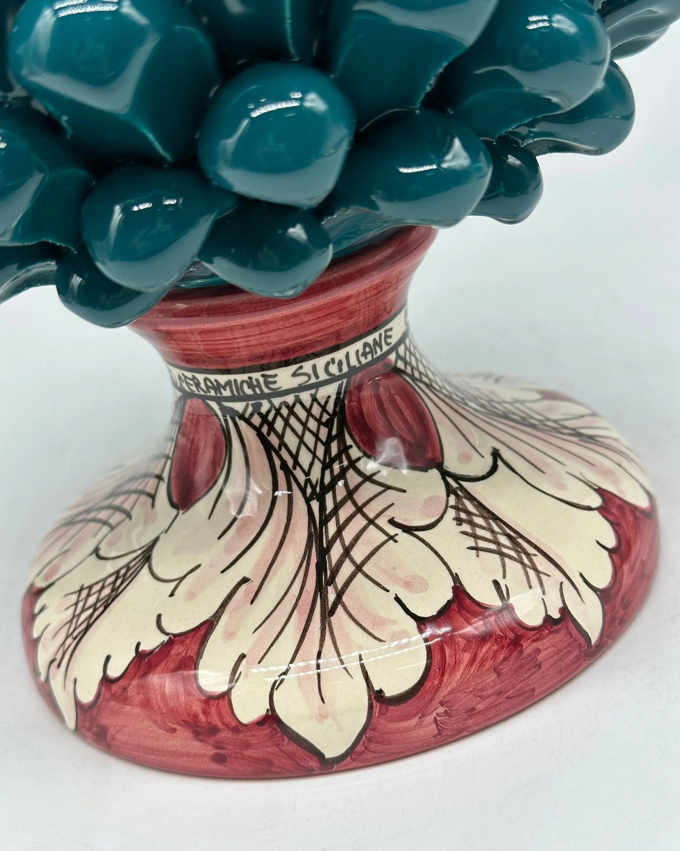 Pigna Ceramica Caltagirone cm H.30 Artigianale Verde Ottanio Base Decorata DD CERAMICHE SICILIANE