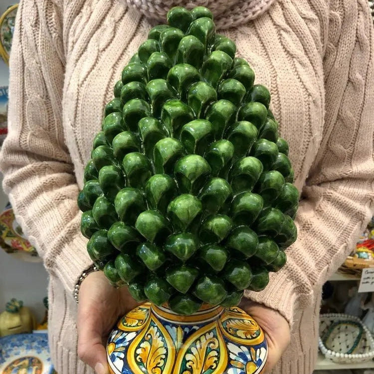 Pigna Ceramica Caltagirone cm H.30 Artigianale Verde Prato Base Decorata DD CERAMICHE SICILIANE