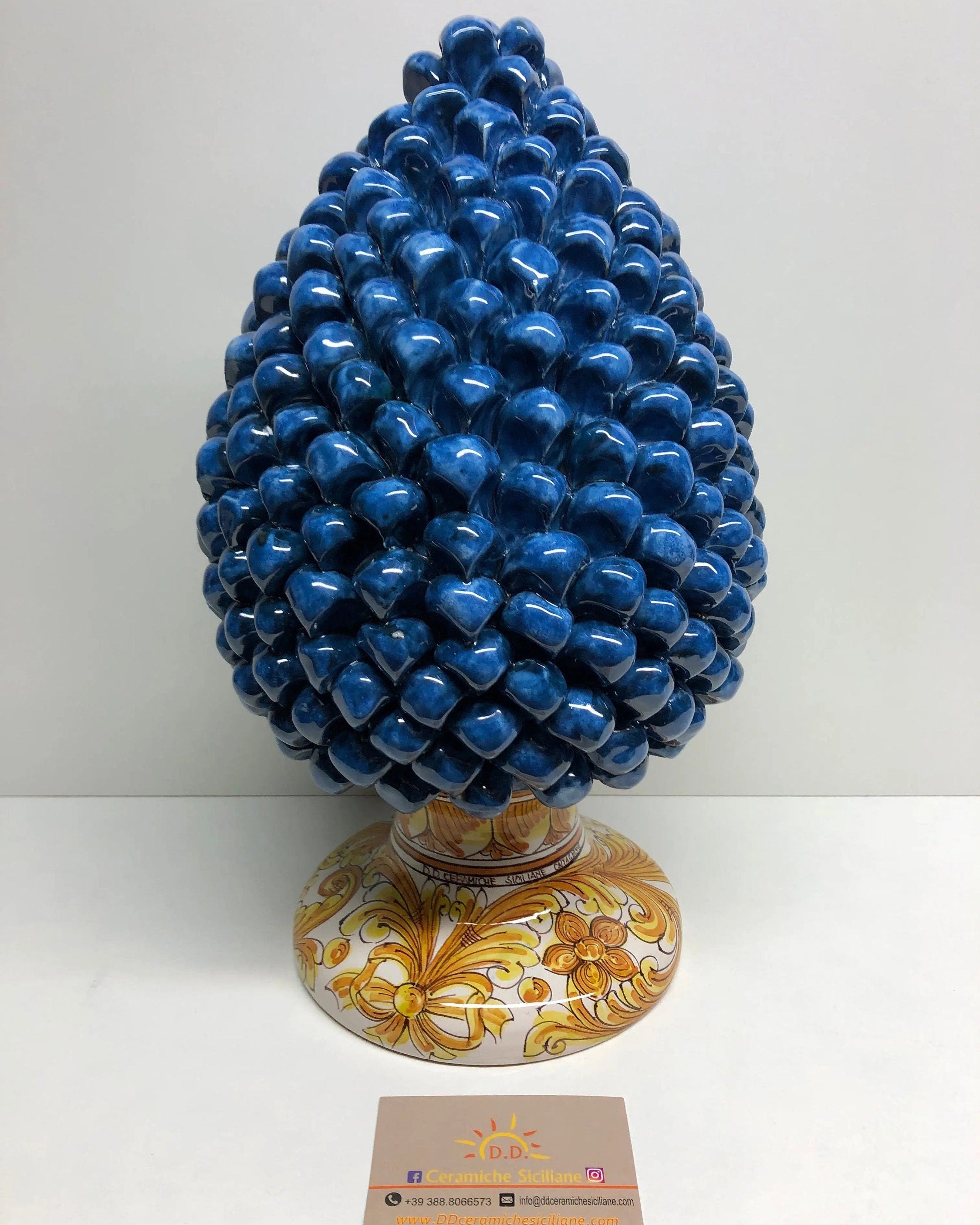 Pigna Ceramica Caltagirone cm H.35 Artigianale Blu Antico Base Decorata DD CERAMICHE SICILIANE