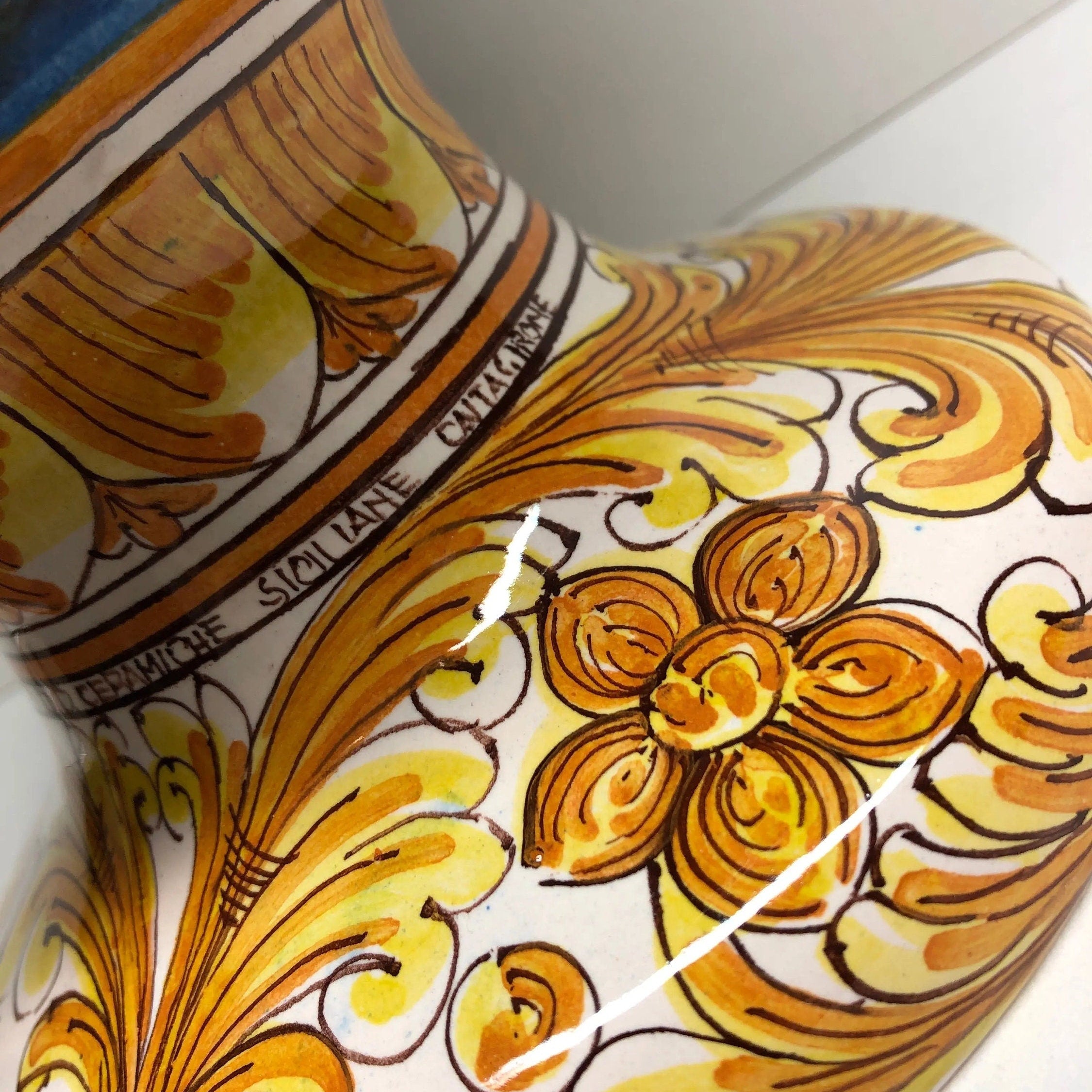 Pigna Ceramica Caltagirone cm H.35 Artigianale Blu Antico Base Decorata DD CERAMICHE SICILIANE