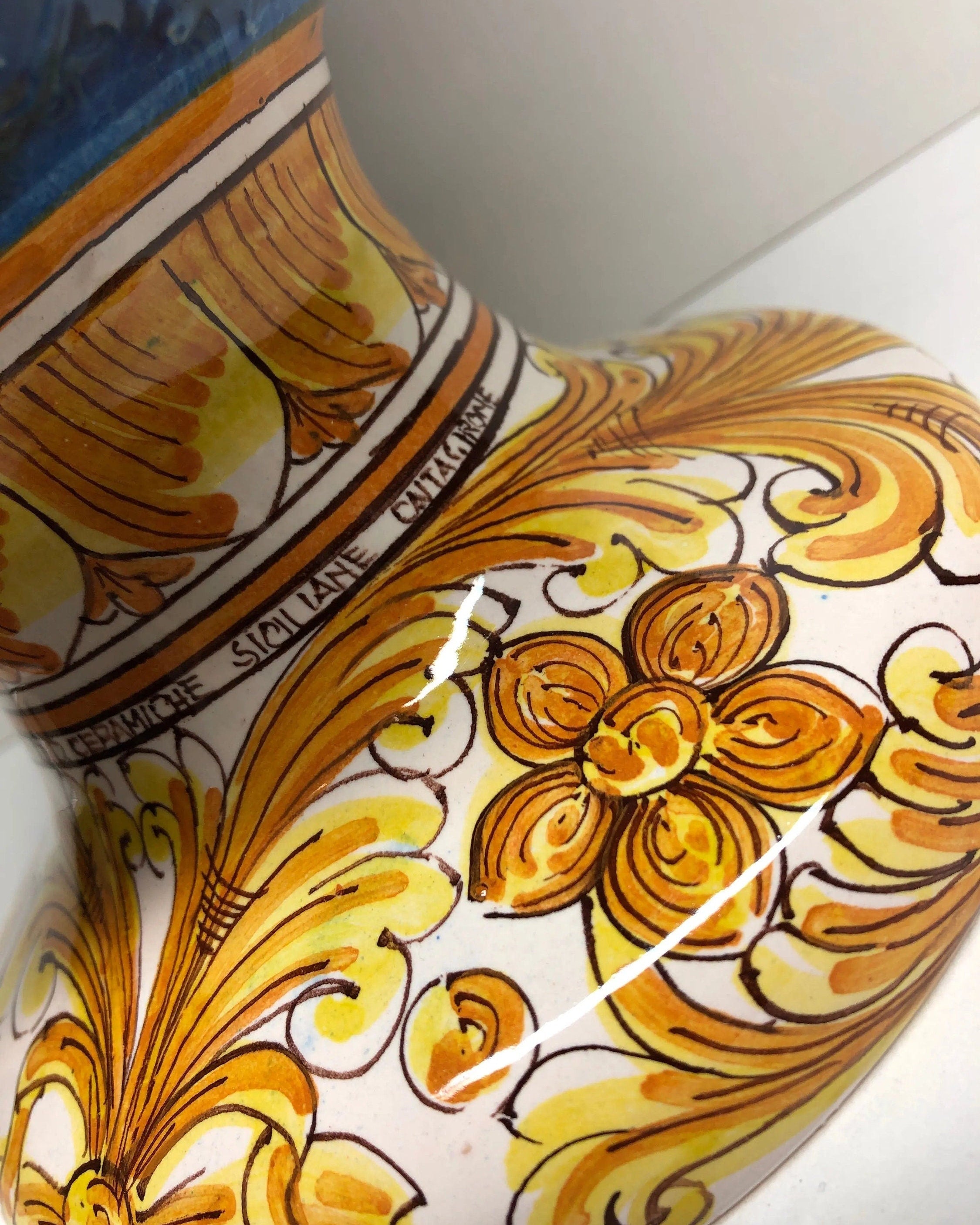 Pigna Ceramica Caltagirone cm H.35 Artigianale Blu Antico Base Decorata DD CERAMICHE SICILIANE