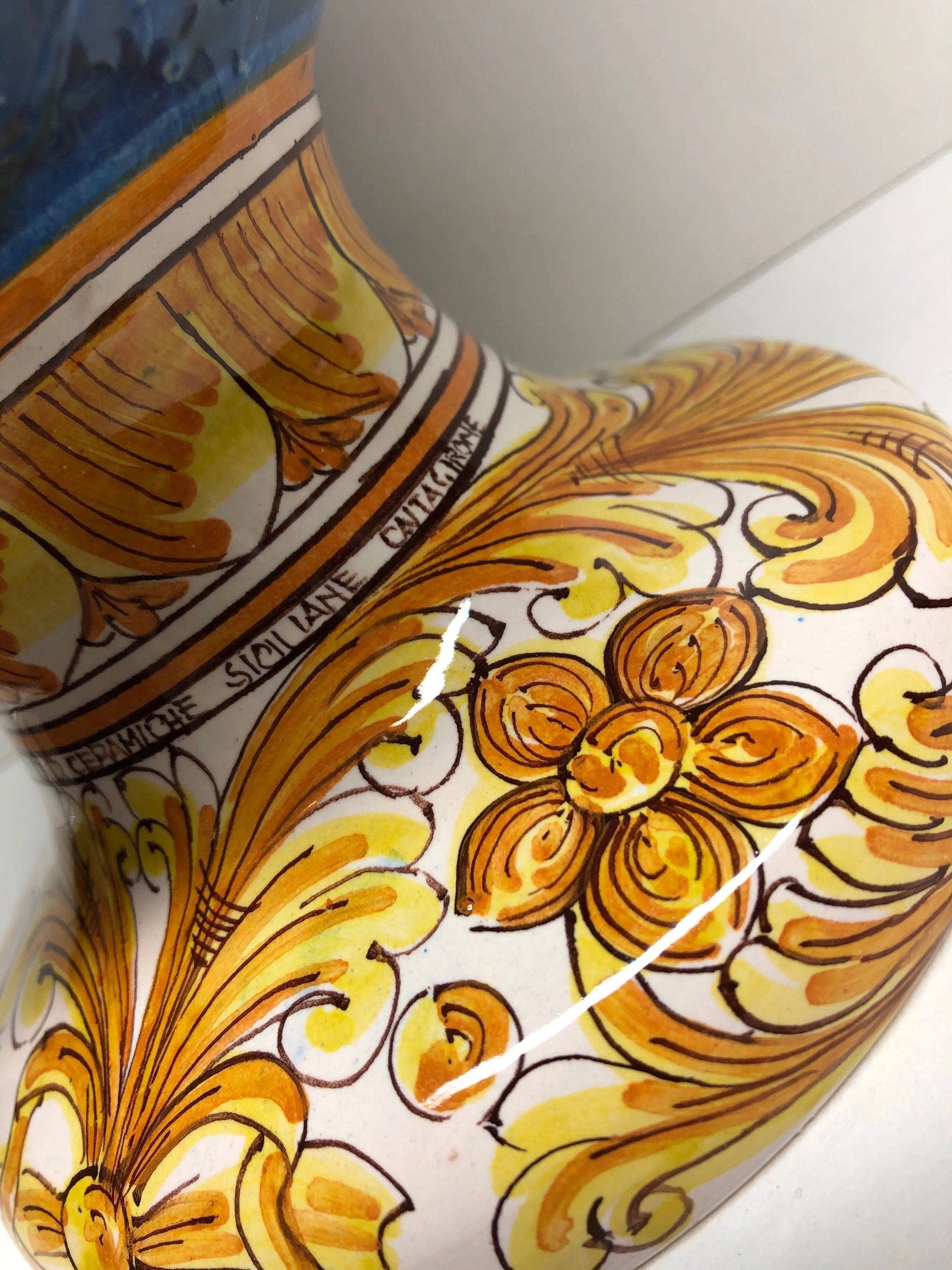 Pigna Ceramica Caltagirone cm H.35 Artigianale Blu Antico Base Decorata DD CERAMICHE SICILIANE