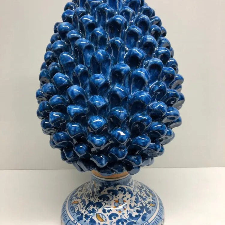Pigna Ceramica Caltagirone cm H.35 Artigianale Blu Antico Base Decorata Fiori DD CERAMICHE SICILIANE
