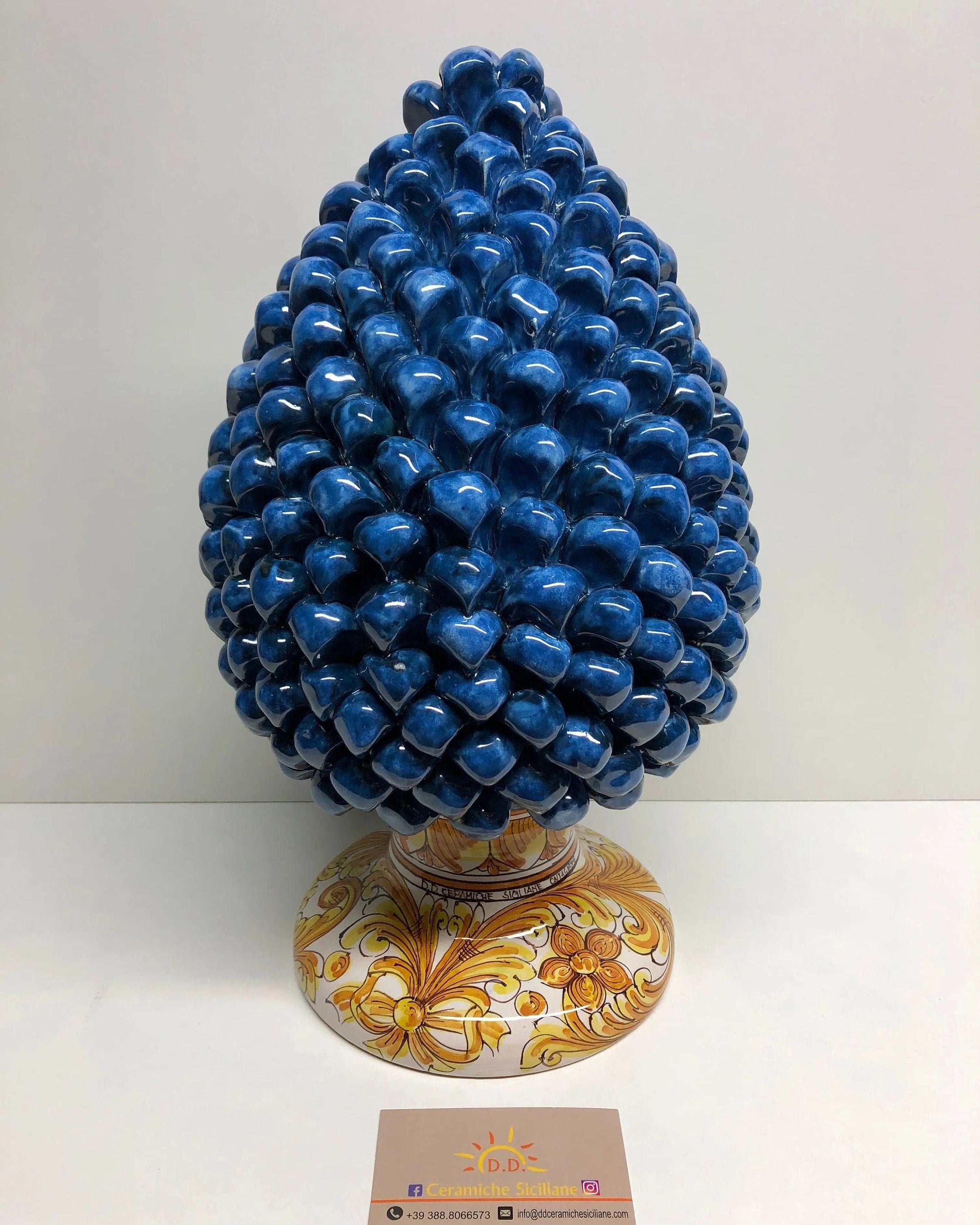 Pigna Ceramica Caltagirone cm H.35 Artigianale Blu Antico Base Decorata DD CERAMICHE SICILIANE