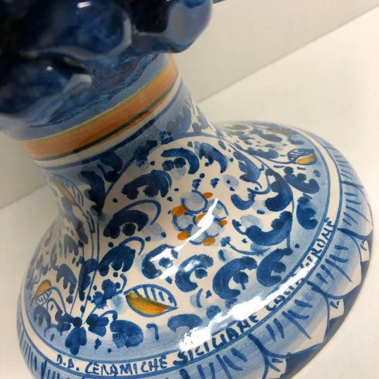 Pigna Ceramica Caltagirone cm H.35 Artigianale Blu Antico Base Decorata Fiori DD CERAMICHE SICILIANE