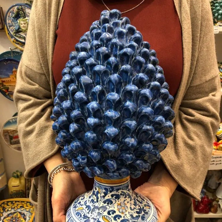 Pigna Ceramica Caltagirone cm H.35 Artigianale Blu Antico Base Decorata Fiori DD CERAMICHE SICILIANE