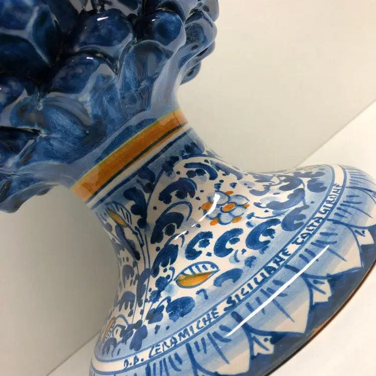 Pigna Ceramica Caltagirone cm H.35 Artigianale Blu Antico Base Decorata Fiori DD CERAMICHE SICILIANE