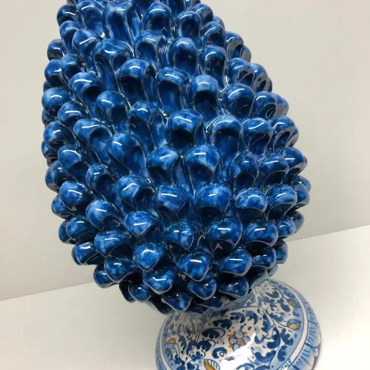 Pigna Ceramica Caltagirone cm H.35 Artigianale Blu Antico Base Decorata Fiori DD CERAMICHE SICILIANE