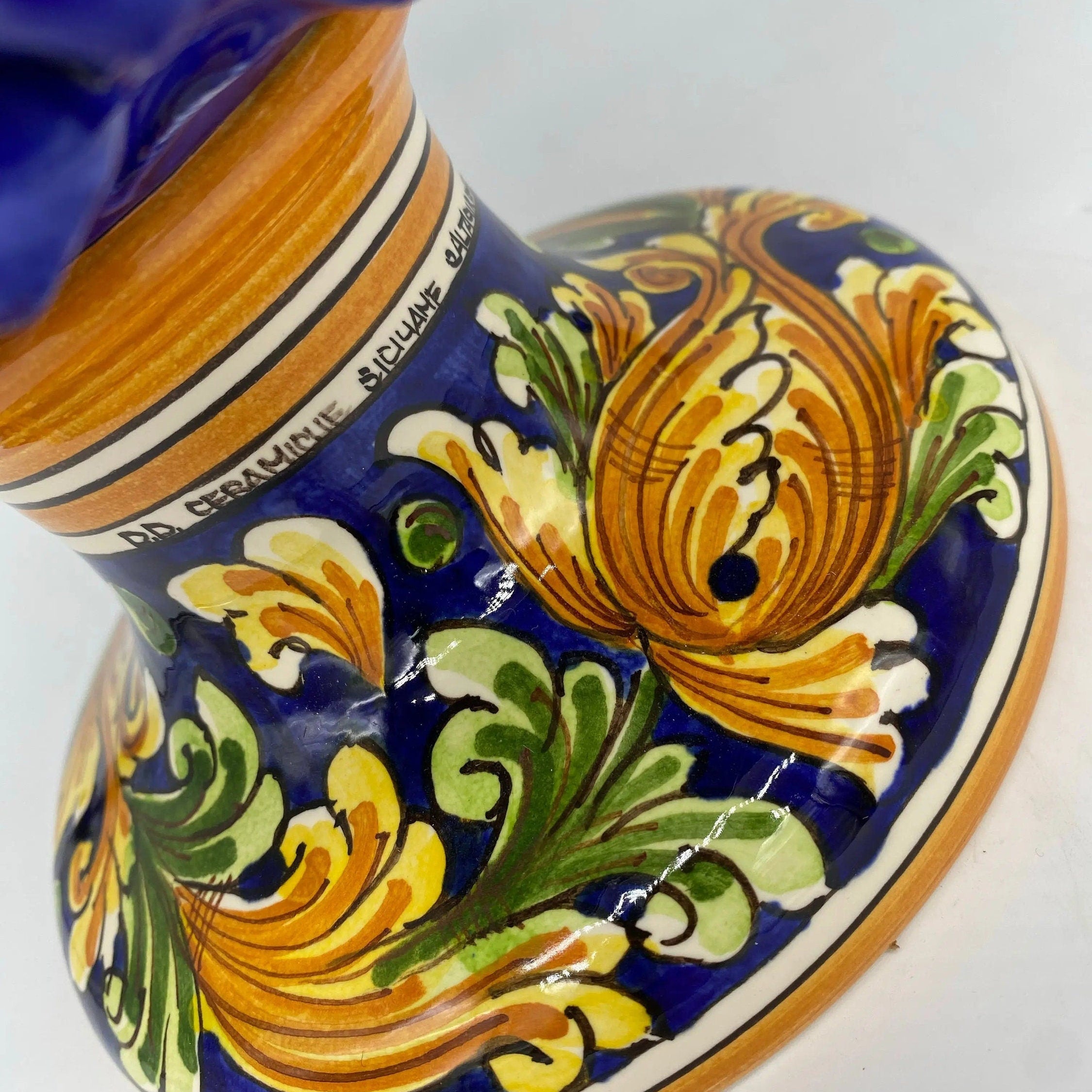 Pigna Ceramica Caltagirone cm H.35 Artigianale Blu Base Decorata DD CERAMICHE SICILIANE