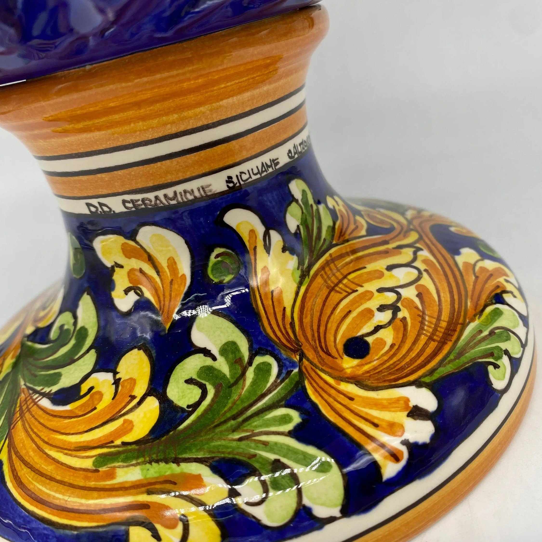 Pigna Ceramica Caltagirone cm H.35 Artigianale Blu Base Decorata DD CERAMICHE SICILIANE