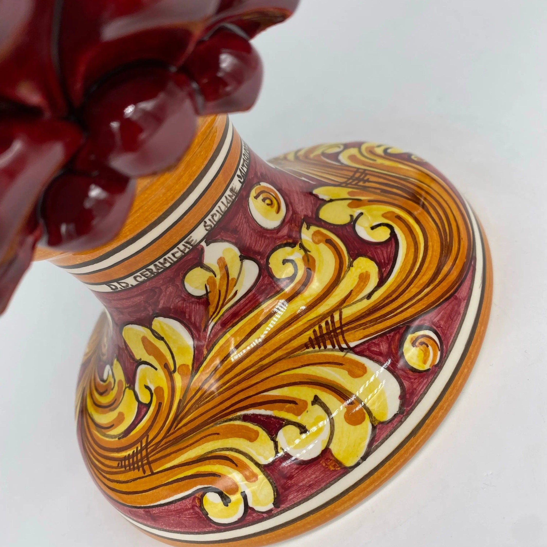 Pigna Ceramica Caltagirone cm H.35 Artigianale Bordeaux Base Decorata DD CERAMICHE SICILIANE