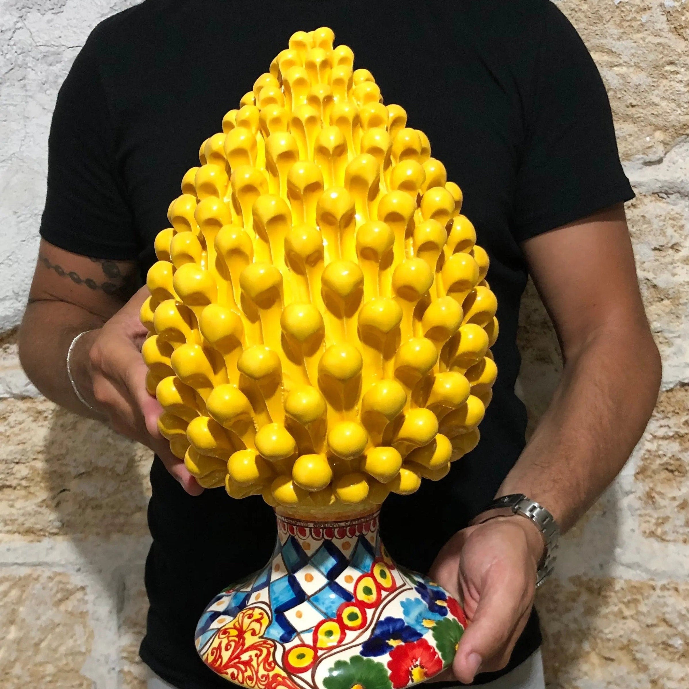 Pigna Ceramica Caltagirone cm H.35 Artigianale Giallo Base Decorata 2020 DD CERAMICHE SICILIANE