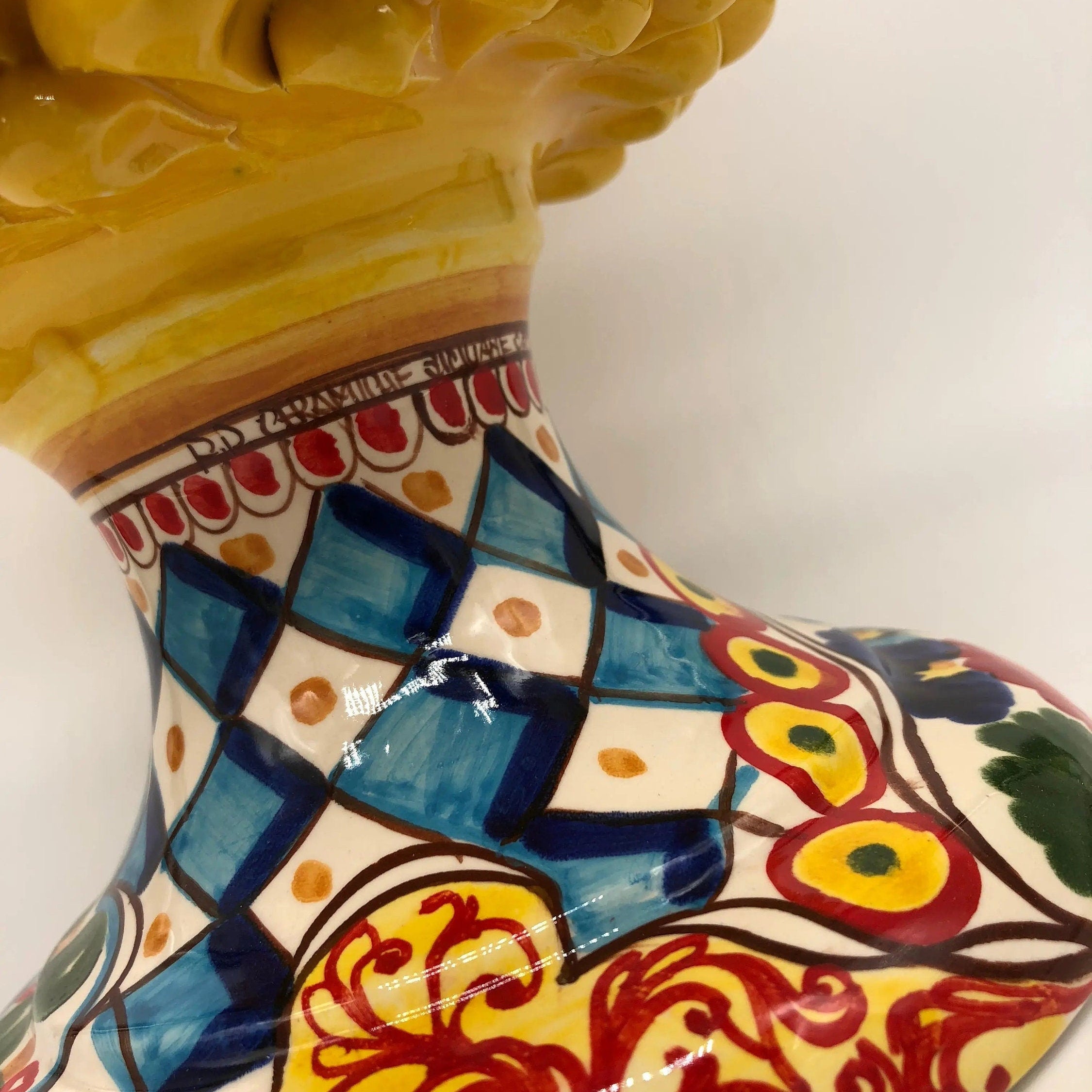 Pigna Ceramica Caltagirone cm H.35 Artigianale Giallo Base Decorata 2020 DD CERAMICHE SICILIANE