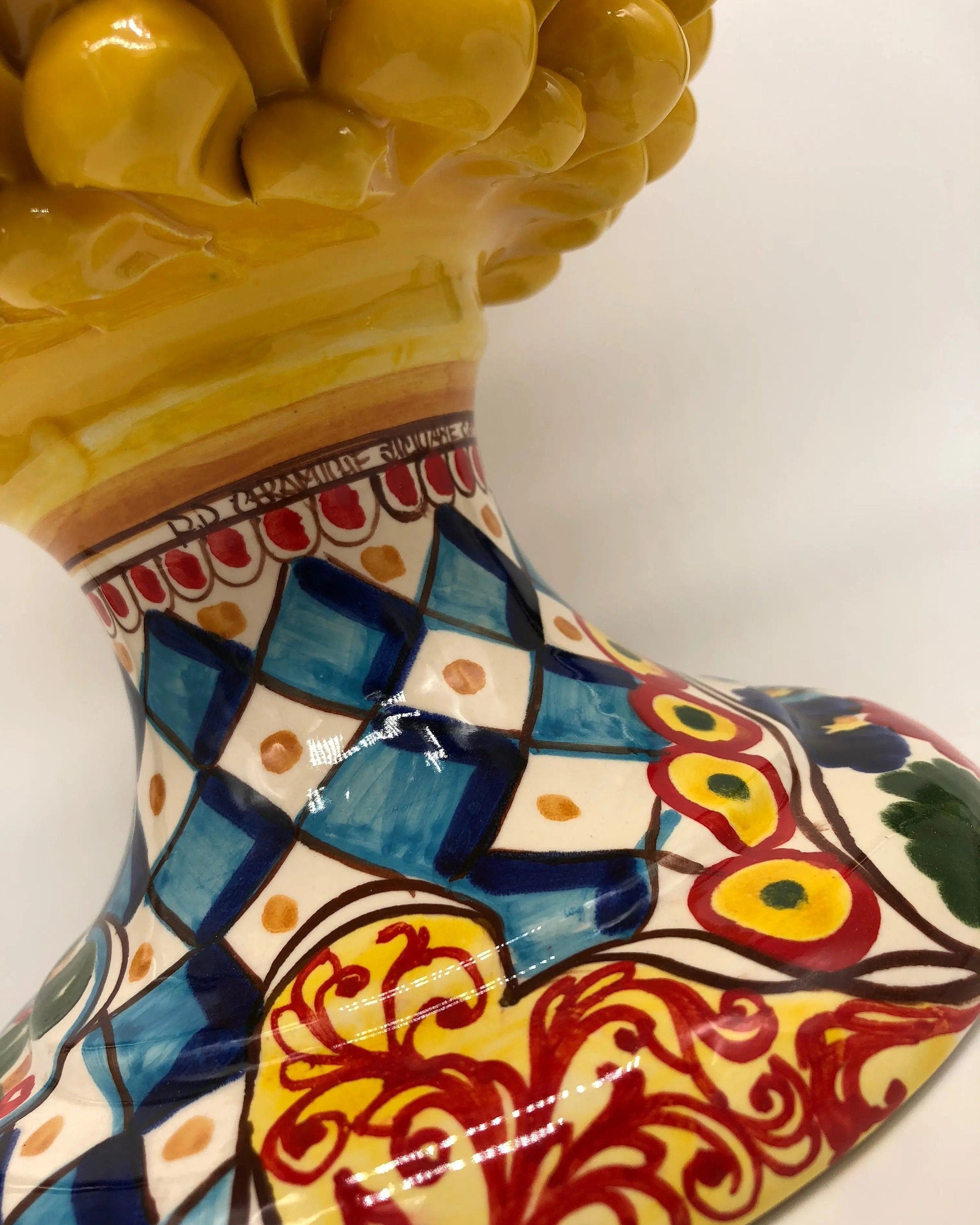 Pigna Ceramica Caltagirone cm H.35 Artigianale Giallo Base Decorata 2020 DD CERAMICHE SICILIANE