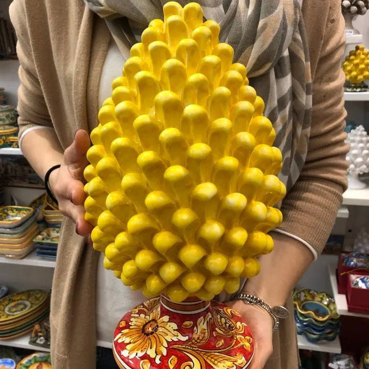 Pigna Ceramica Caltagirone cm H.35 Artigianale Giallo Base Decorata DD CERAMICHE SICILIANE