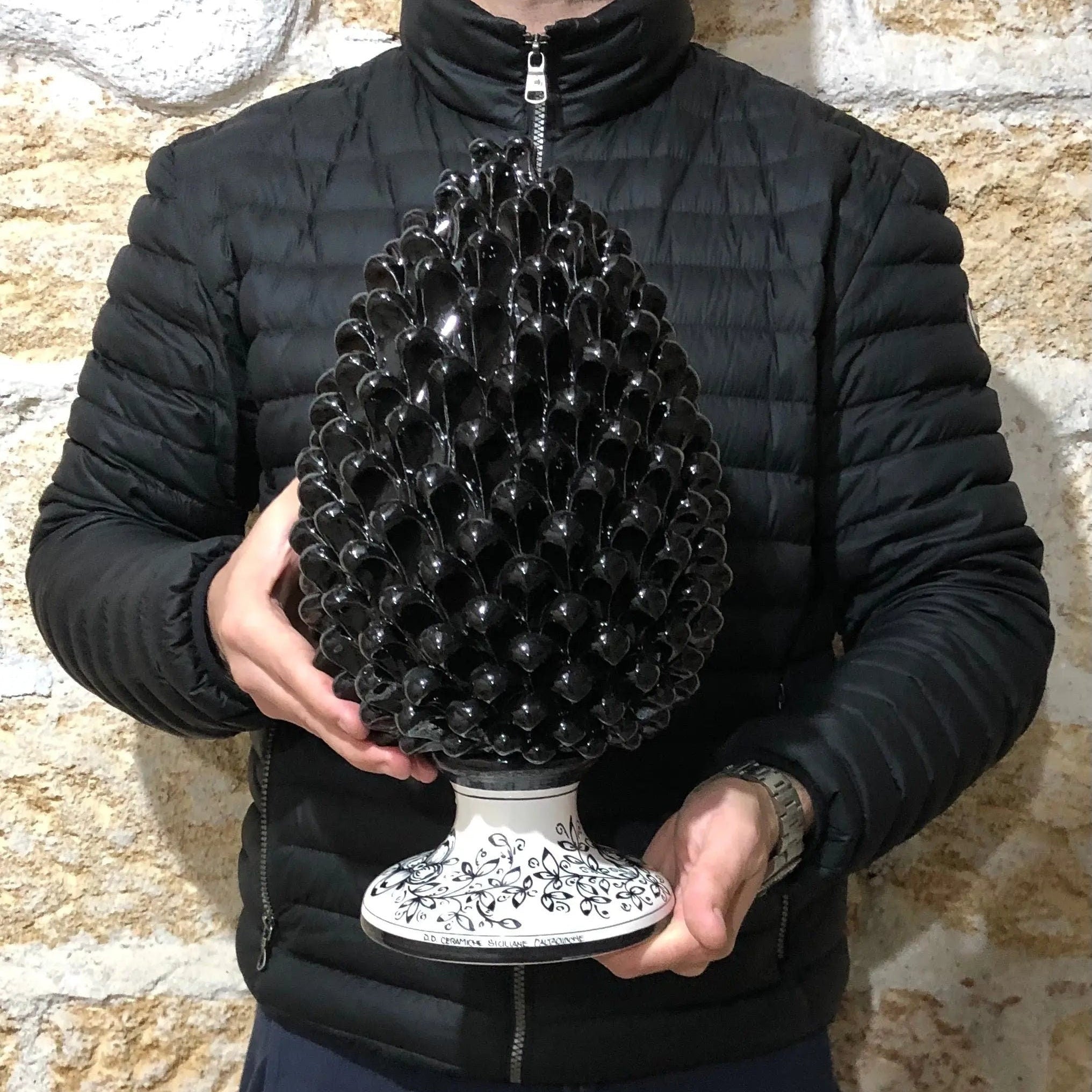 Pigna Ceramica Caltagirone cm H.35 Artigianale Nero Base Decorata DD CERAMICHE SICILIANE