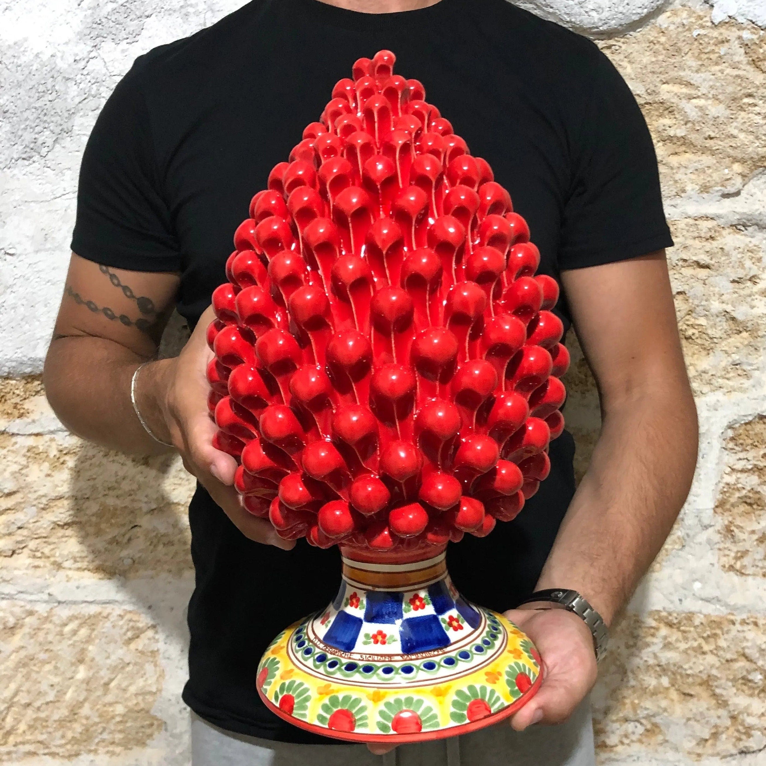 Pigna Ceramica Caltagirone cm H.35 Artigianale Rosso Base Decorata 2021 DD CERAMICHE SICILIANE