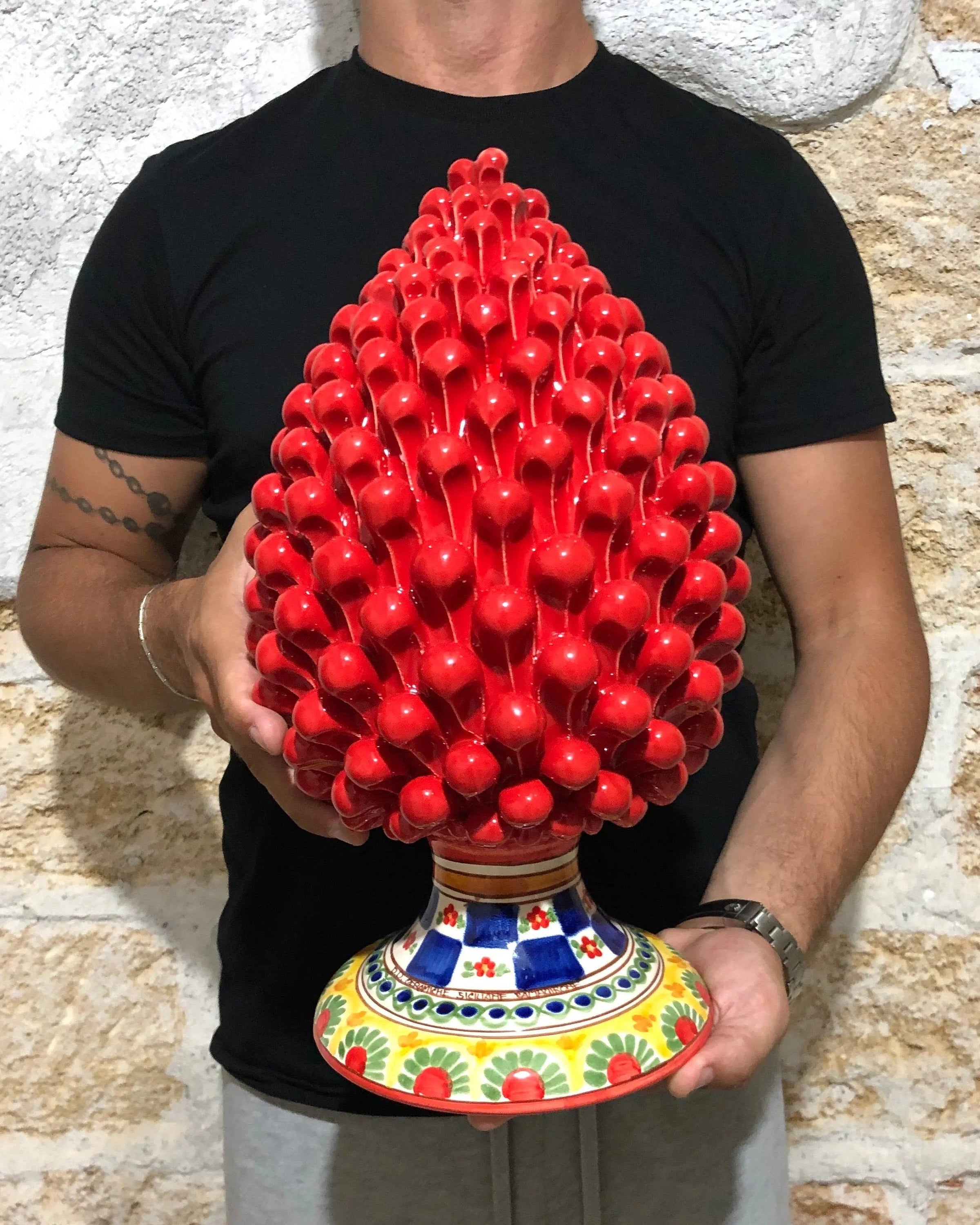 Pigna Ceramica Caltagirone cm H.35 Artigianale Rosso Base Decorata 2021 DD CERAMICHE SICILIANE