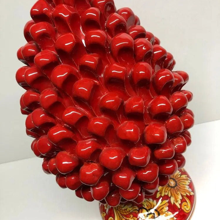 Pigna Ceramica Caltagirone cm H.35 Artigianale Rosso Base Decorata Giglio DD CERAMICHE SICILIANE