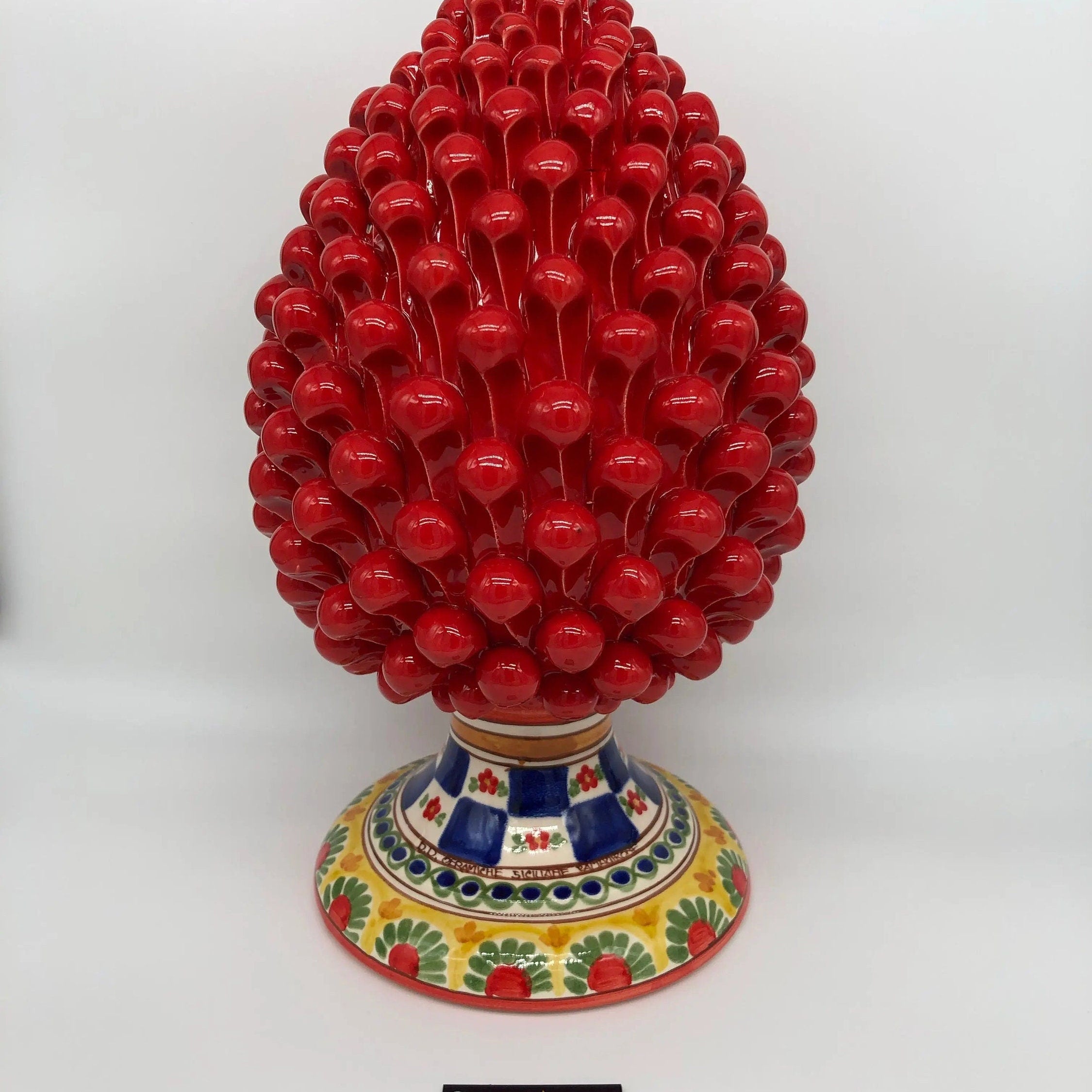 Pigna Ceramica Caltagirone cm H.35 Artigianale Rosso Base Decorata 2021 DD CERAMICHE SICILIANE