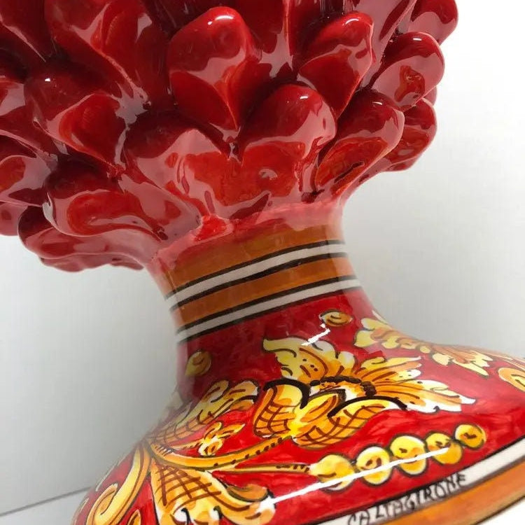 Pigna Ceramica Caltagirone cm H.35 Artigianale Rosso Base Decorata Giglio DD CERAMICHE SICILIANE